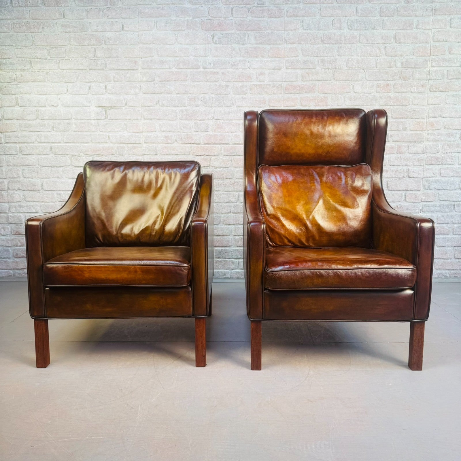 Vintage Danish His & Hers High Back Leather Chairs Pair Light Brown Armchairs