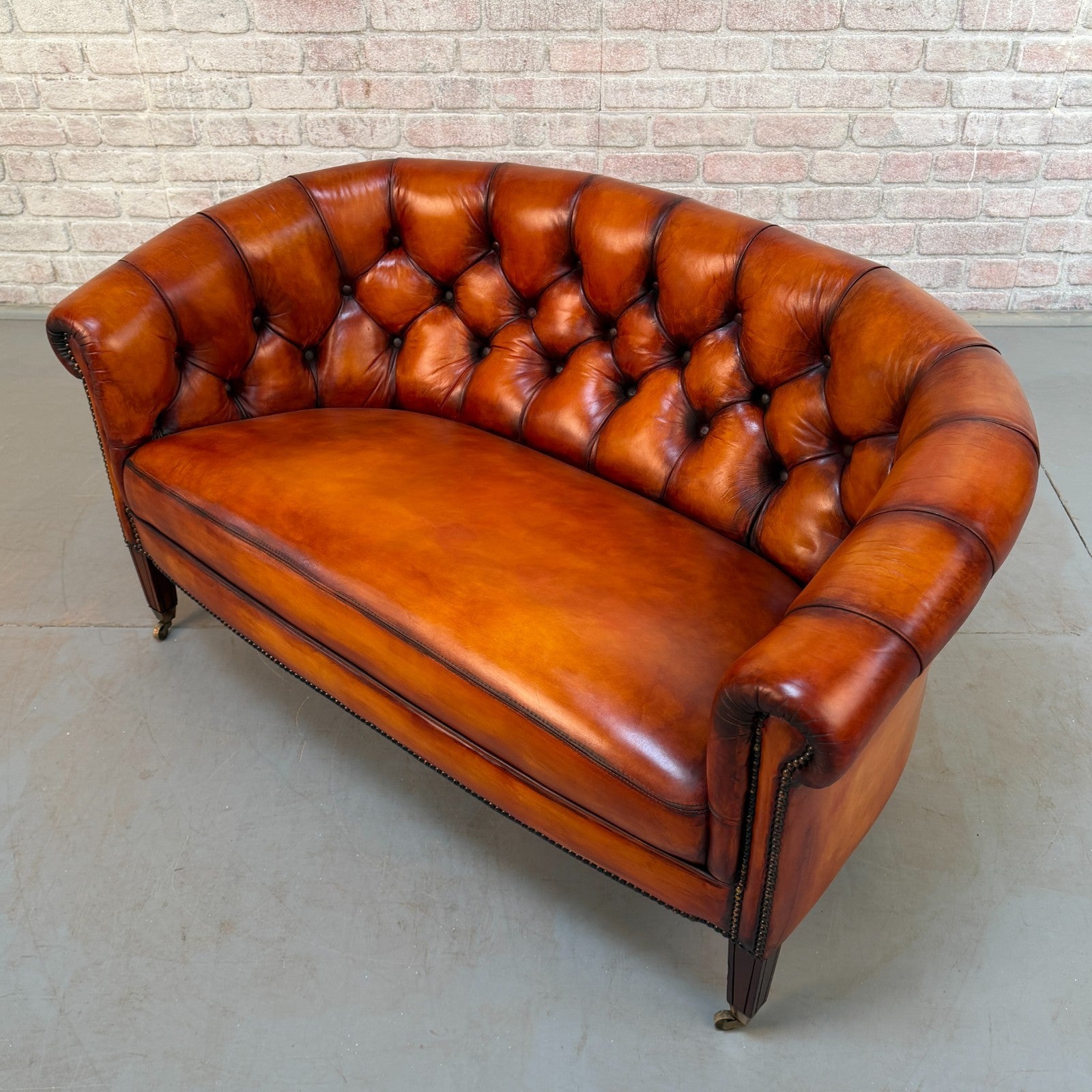 Vintage Neat Chesterfield Tan Hand-Dyed Leather Two Seater Sofa