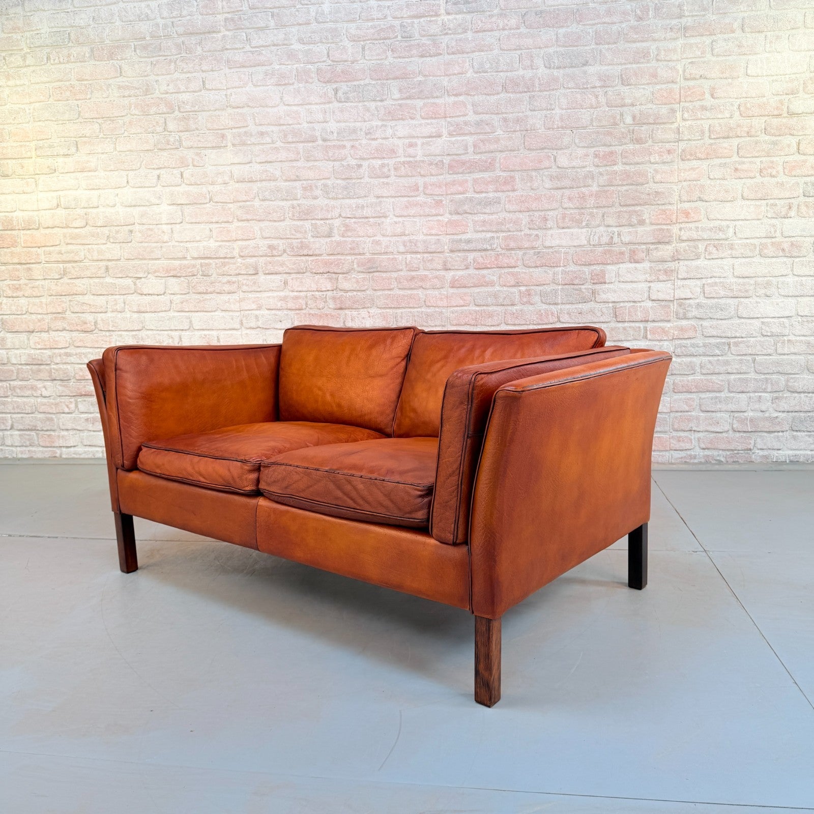 Vintage Danish Tan Leather 2 Seater Sofa Hand Dyed Buffalo Leather Patina