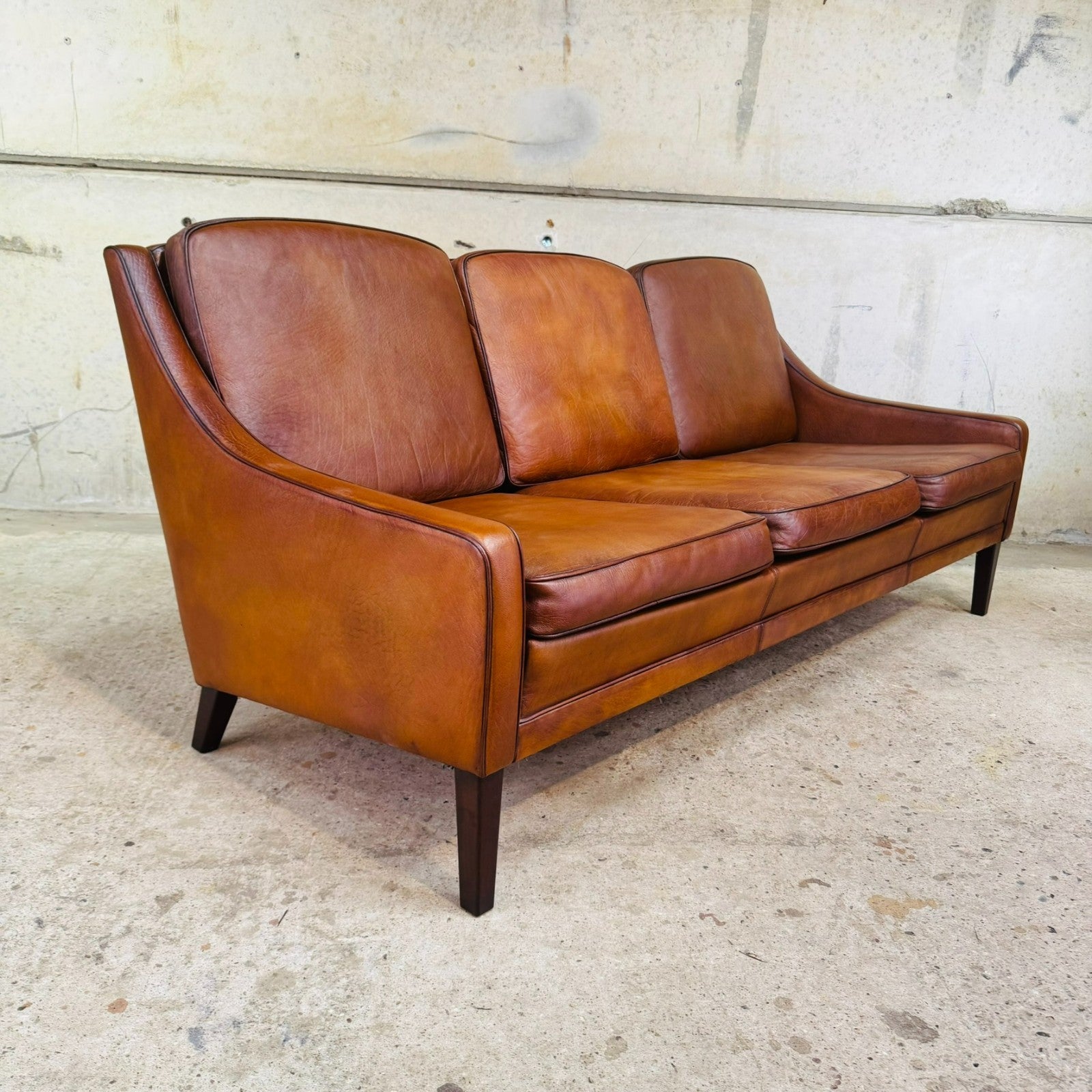 Vintage 1960s Danish Tan Leather Three-Seater Sofa