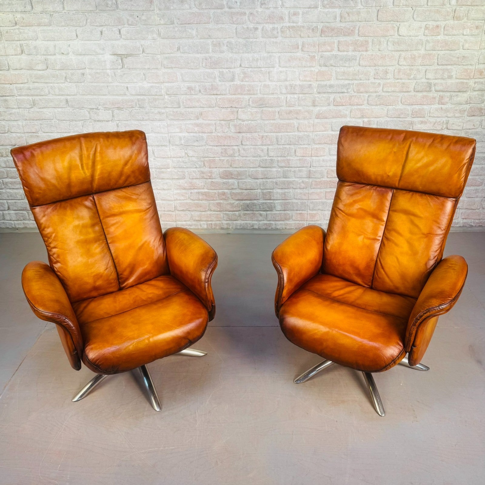 Vintage Pair of Danish High Back Swivel Recliner Chairs – Light Tan Leather