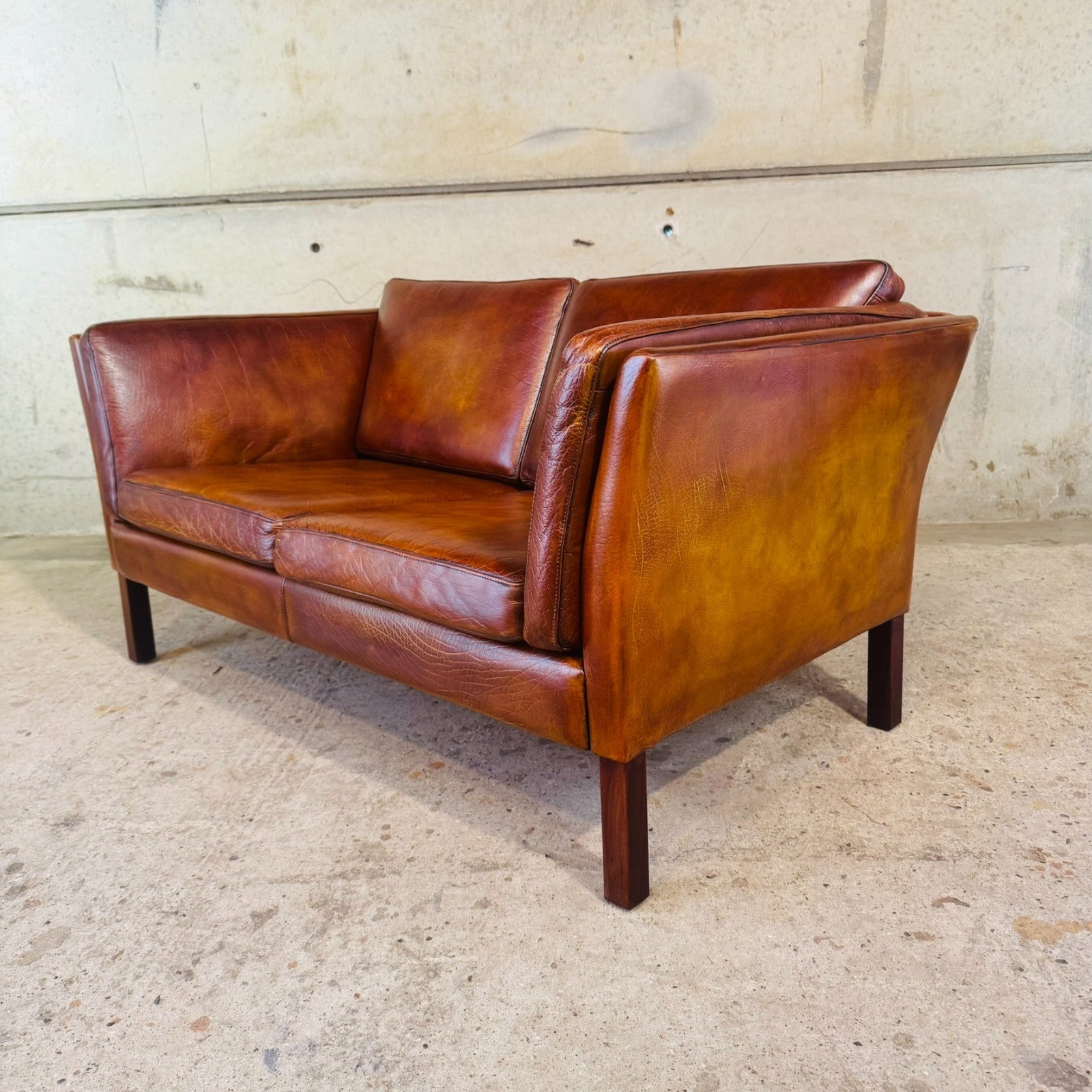 Vintage Danish Tan Leather 2 Seater Sofa — Neat Proportions