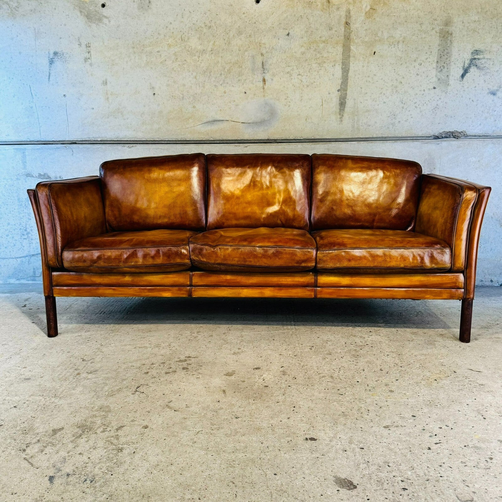 Long 1970s Danish Vintage Mogens Hansen Tan Leather Three-Seater Sofa