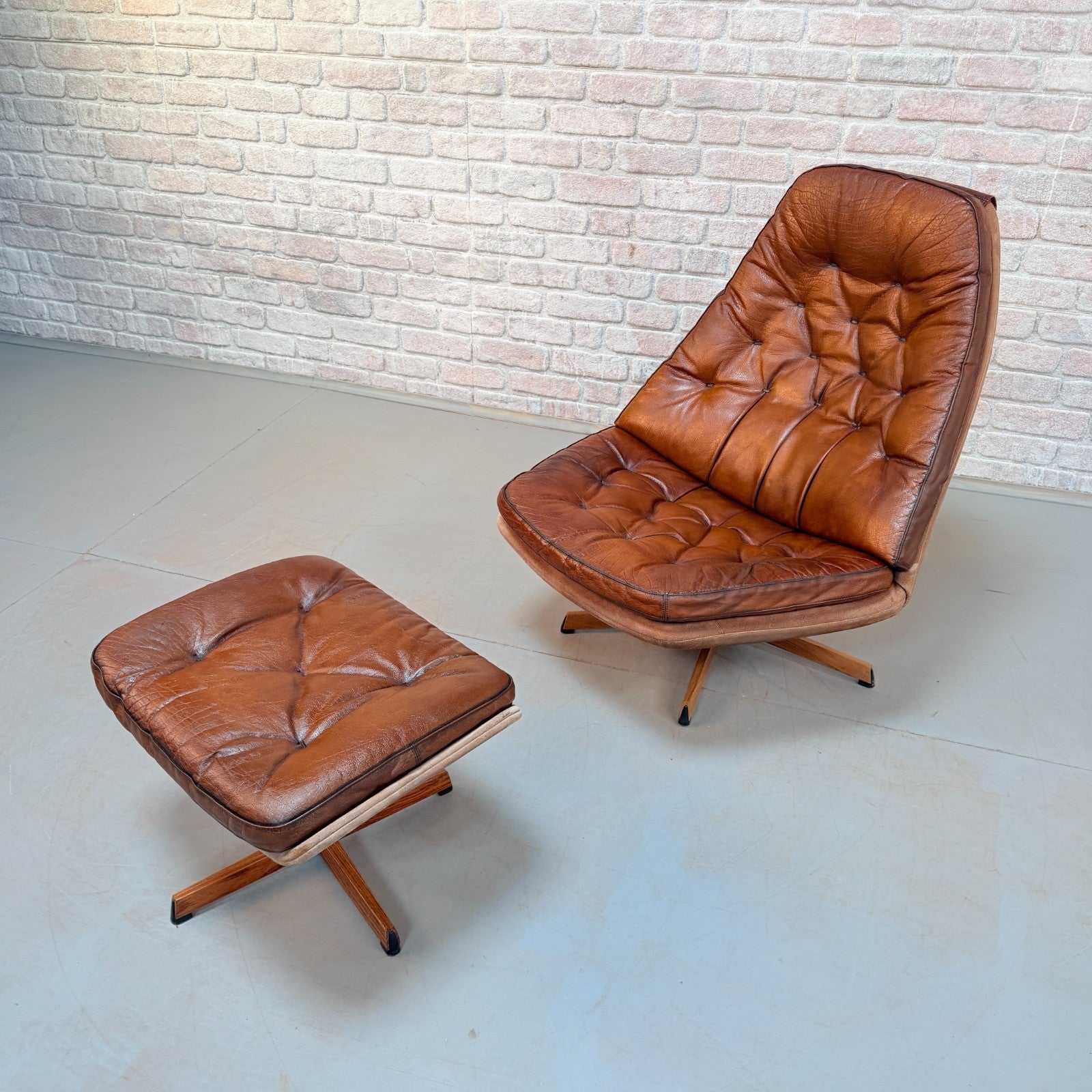 1960s Pair of Madsen & Schubell MS68 Cognac Leather Lounge Chairs & Footstools