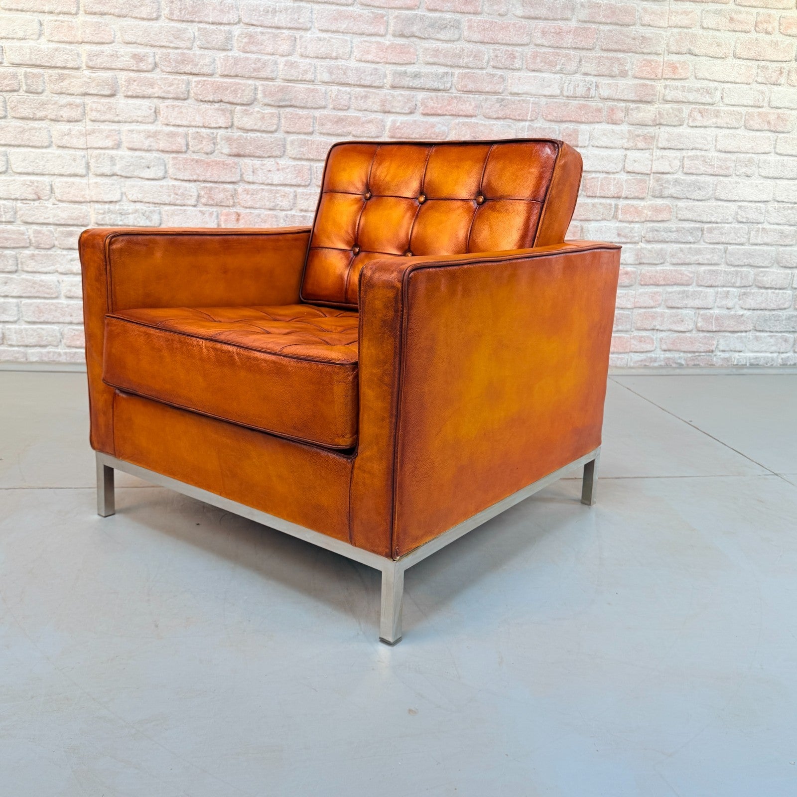 Vintage Florence Knoll Style Tan  Leather Armchair
