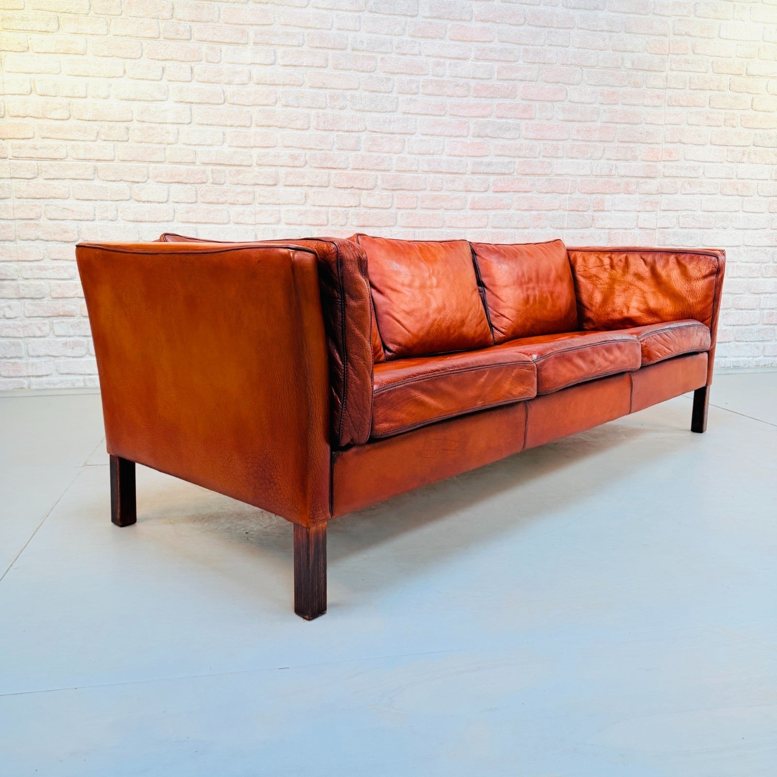 Vintage Danish Tan Hand-Dyed Leather Three Seater Sofa