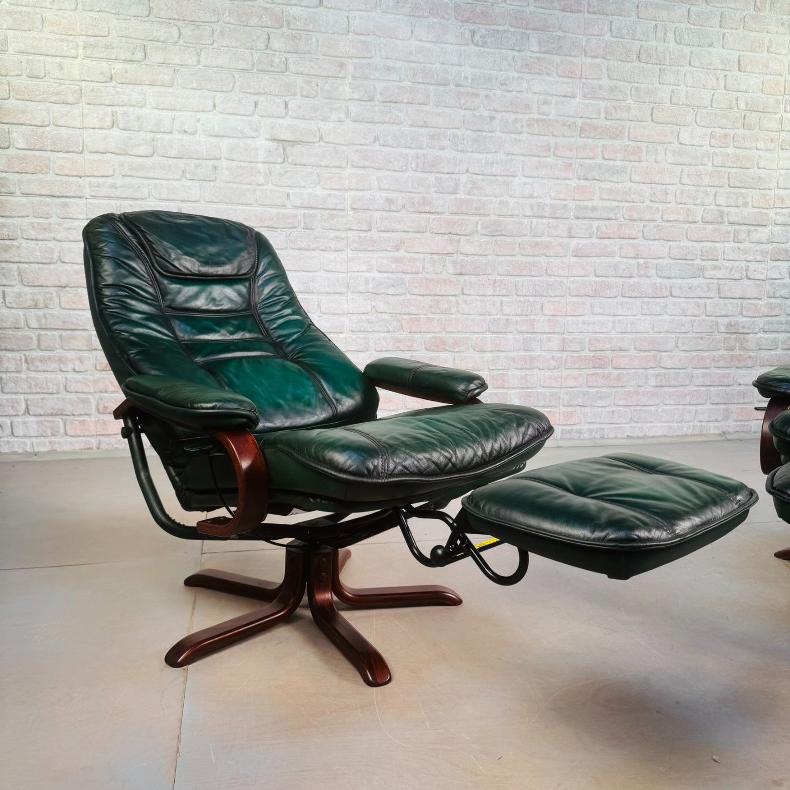 Vintage Pair of Norwegian Green Leather Reclining Swivel Chairs with Footstools
