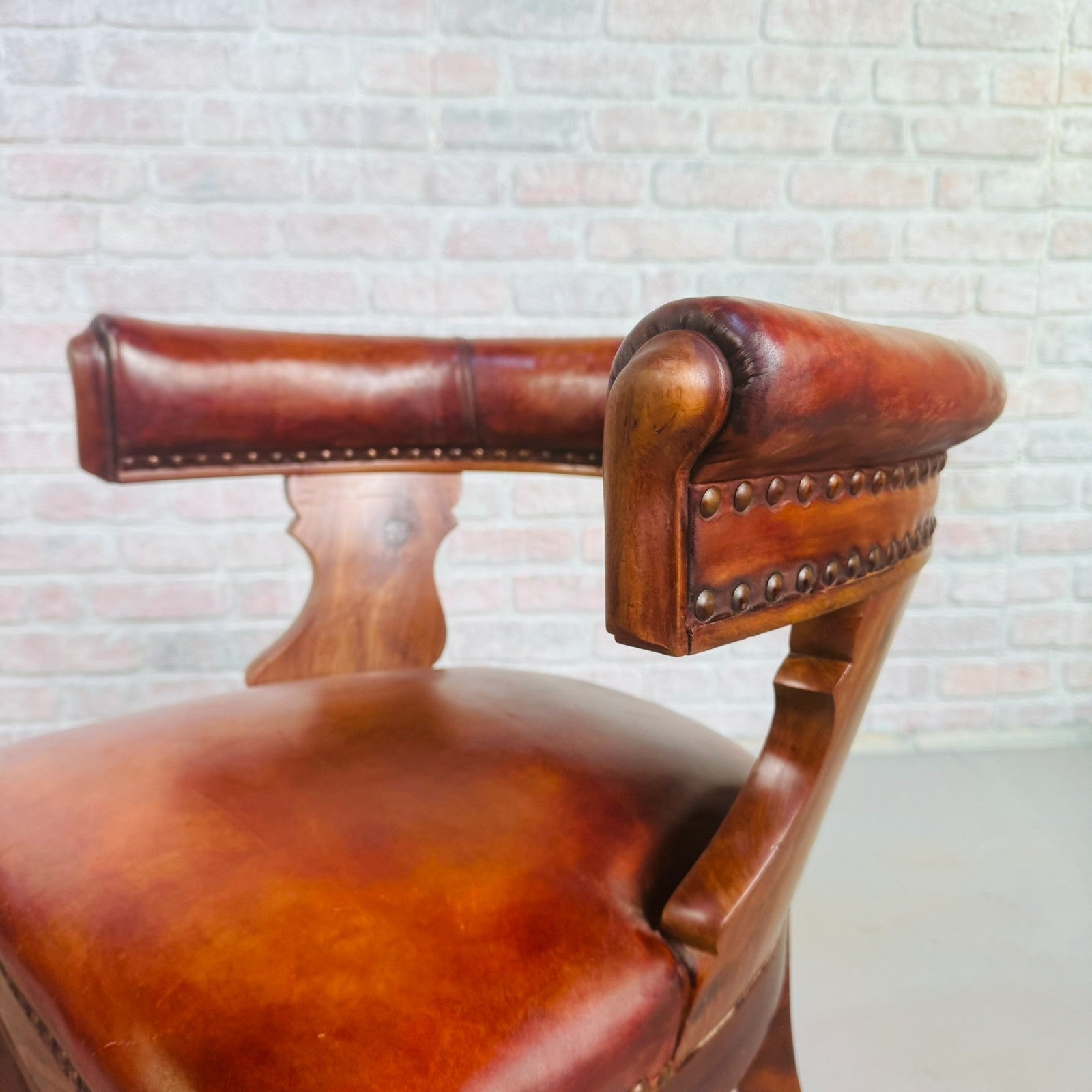 Pair of 40s Antique Danish Tan Leather Partner’s Desk Chairs Walnut Frame