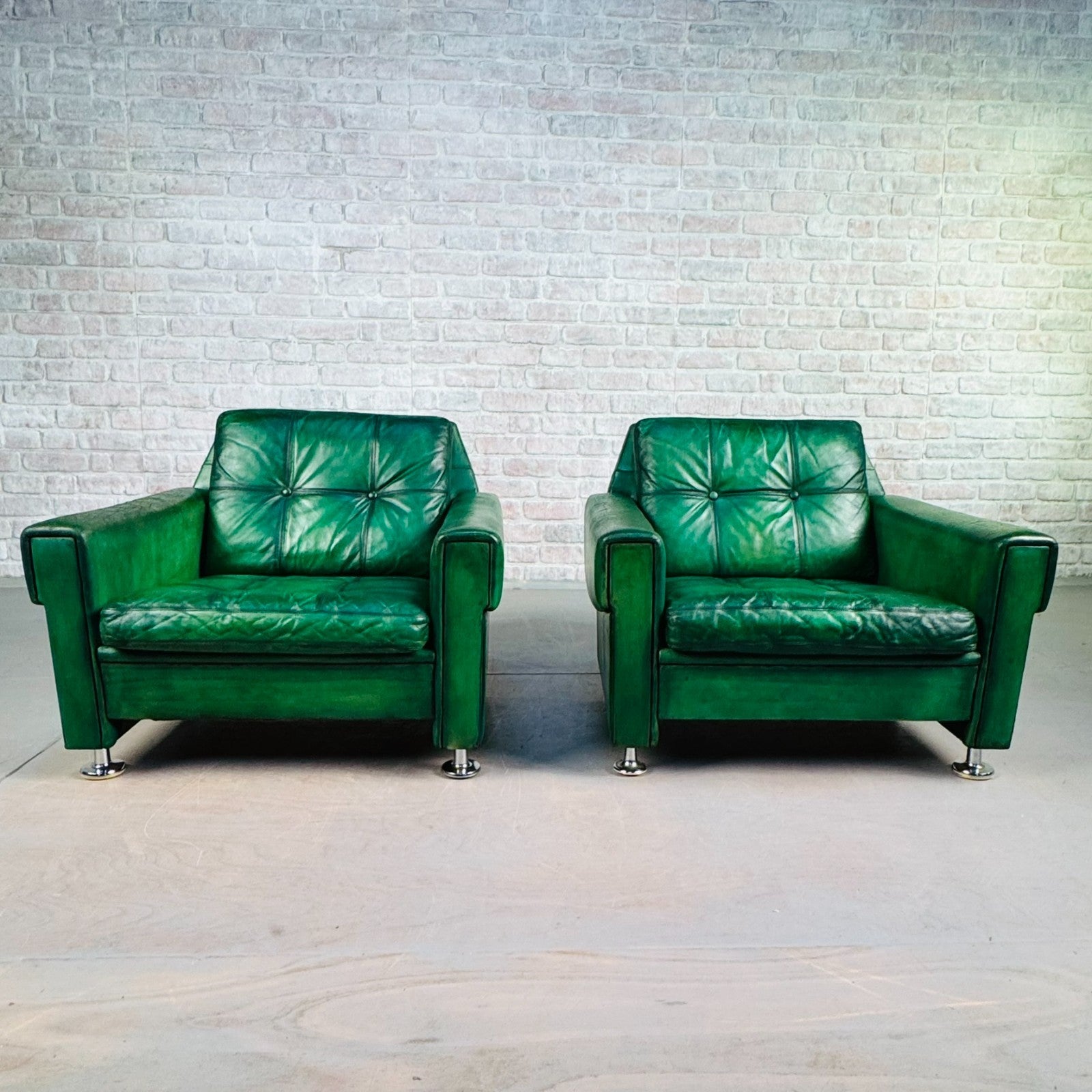 Vintage Danish Green Leather Pair of Armchairs by Svend Skipper