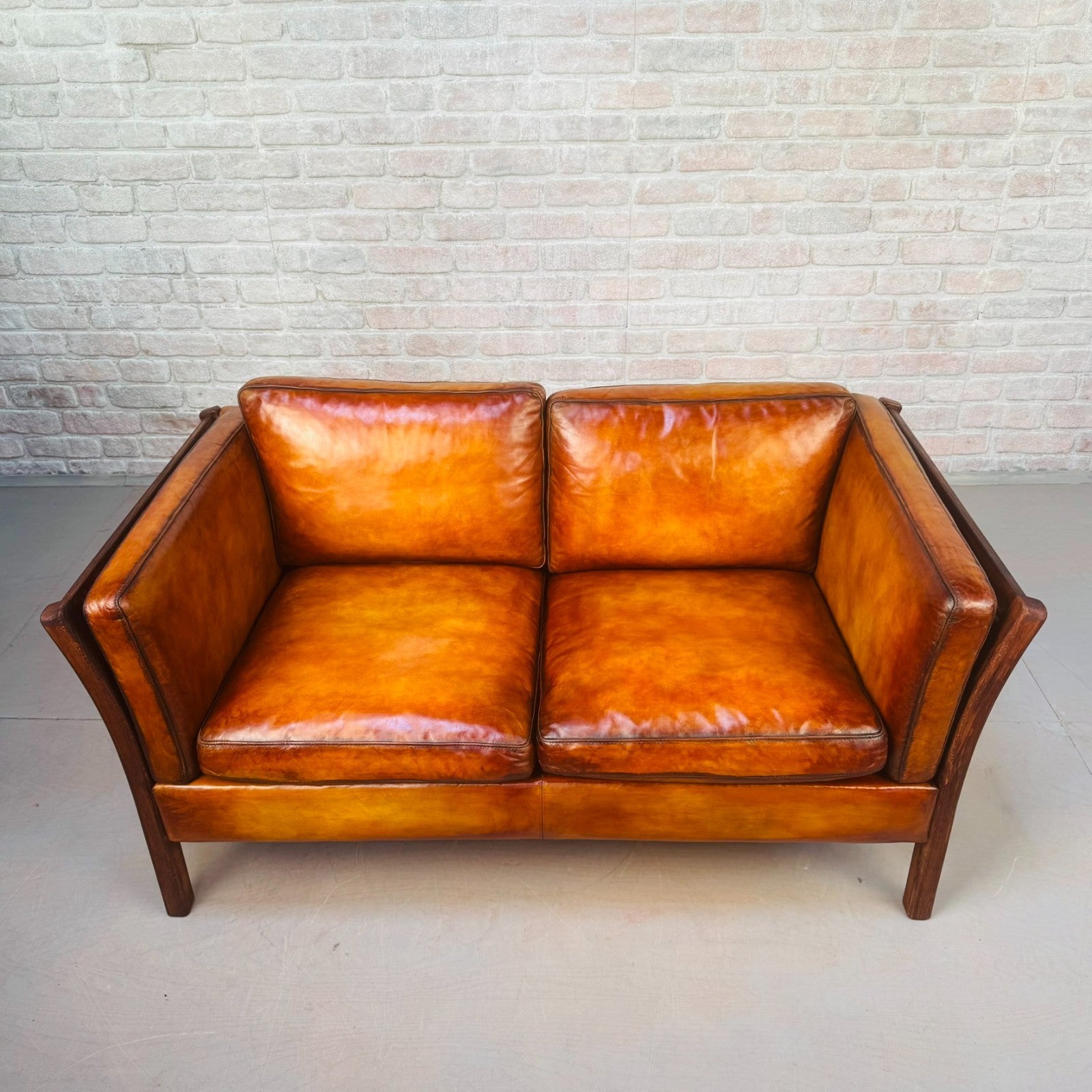 Vintage Danish Stouby Tan Leather Two Seater Sofa
