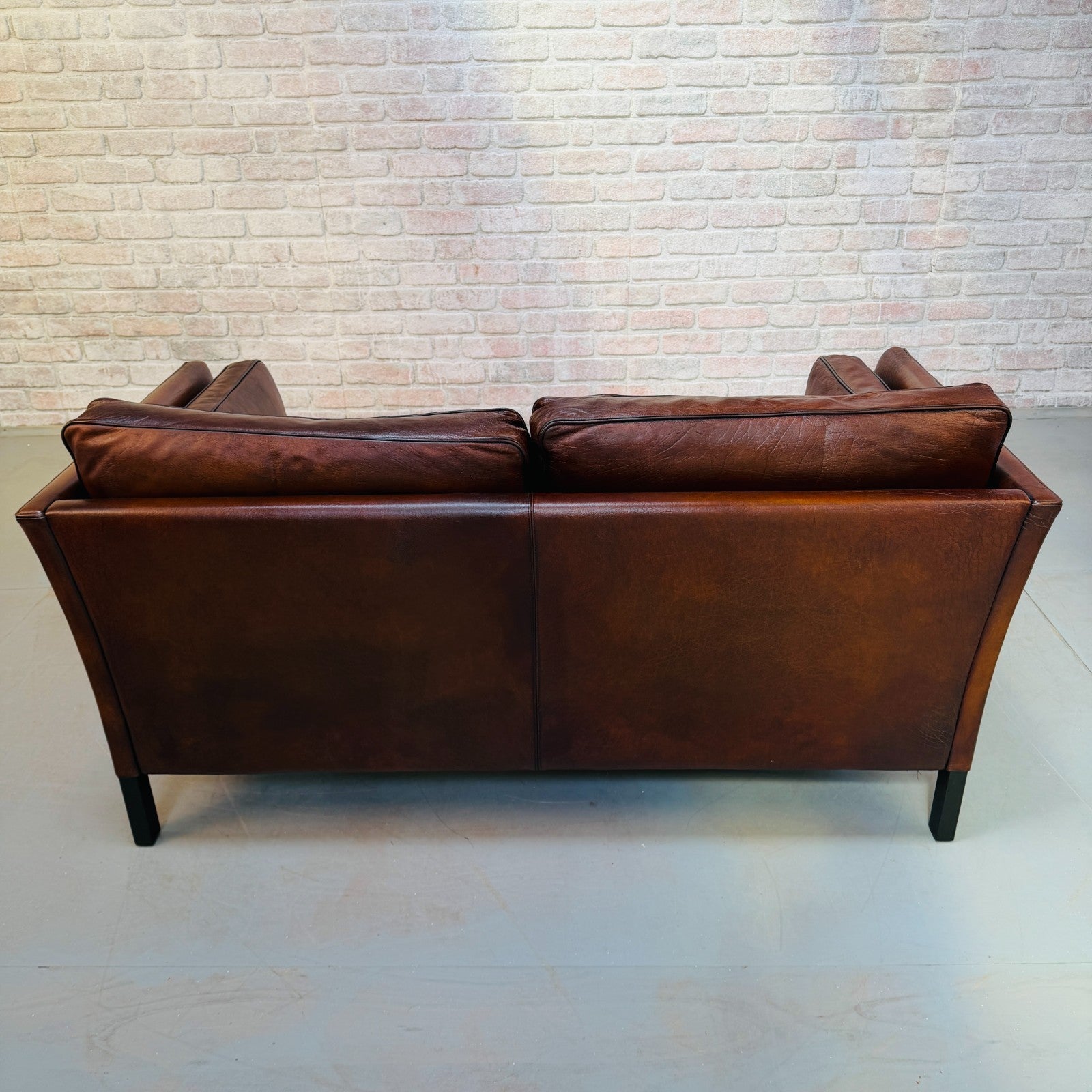 Vintage 1970s Danish Dark Tan Hand-Dyed Leather Two Seater Sofa