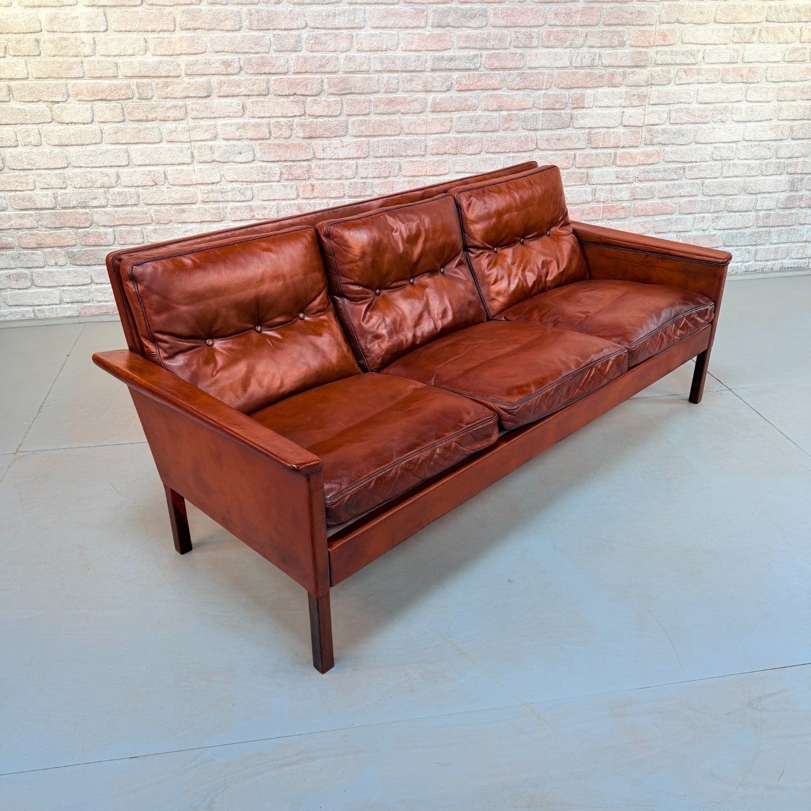 Vintage 1960s Danish Hans Olsen Brown Hand-Dyed Leather Three Seater Sofa