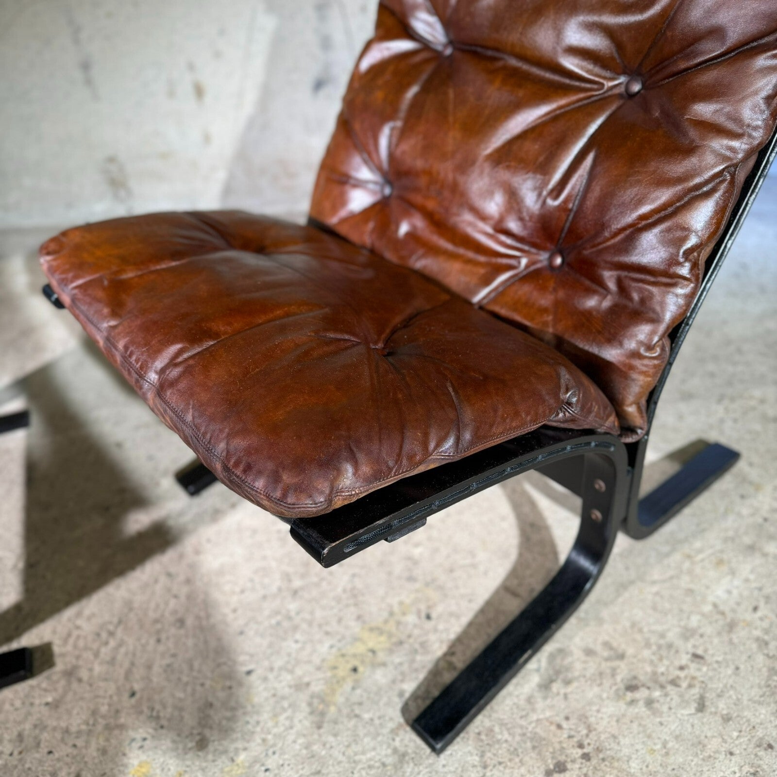 Vintage 1970s Westnofa Highback Tan Leather Chair & Footstool Ebonised Beech