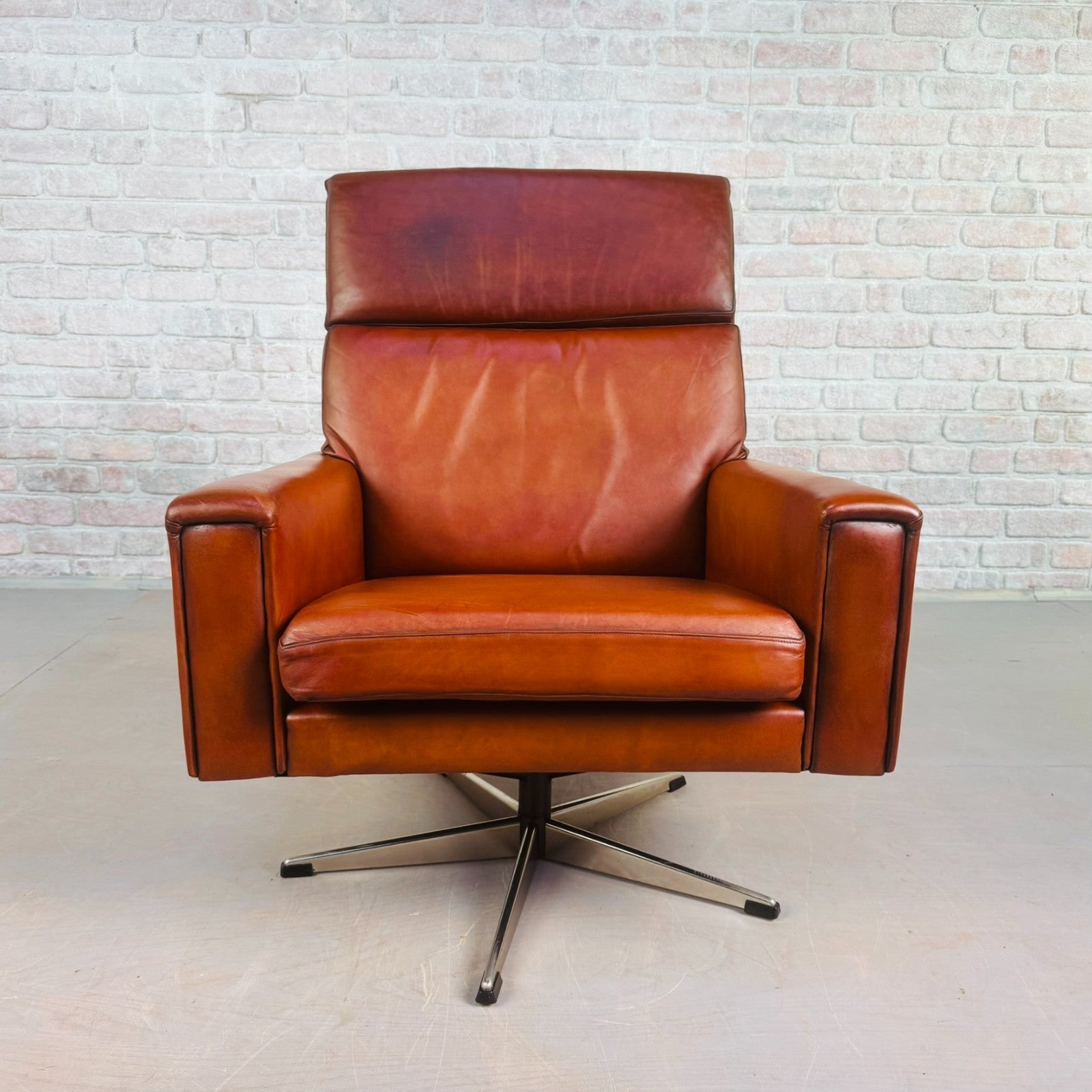 Vintage Danish Tan Leather Swivel Armchair