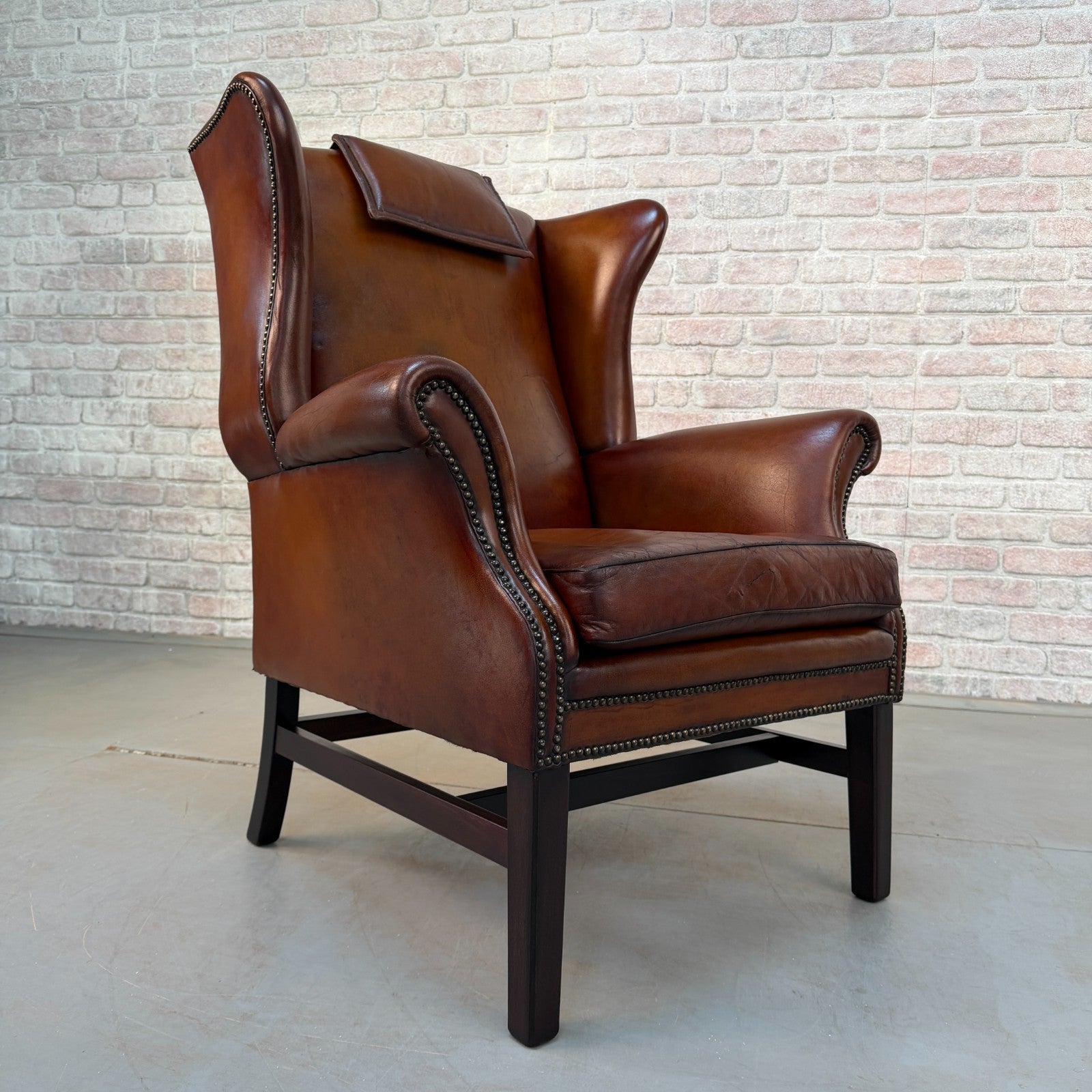 Vintage Danish Dark Tan Hand-Dyed Leather Wingback Chair & Matching Footstool