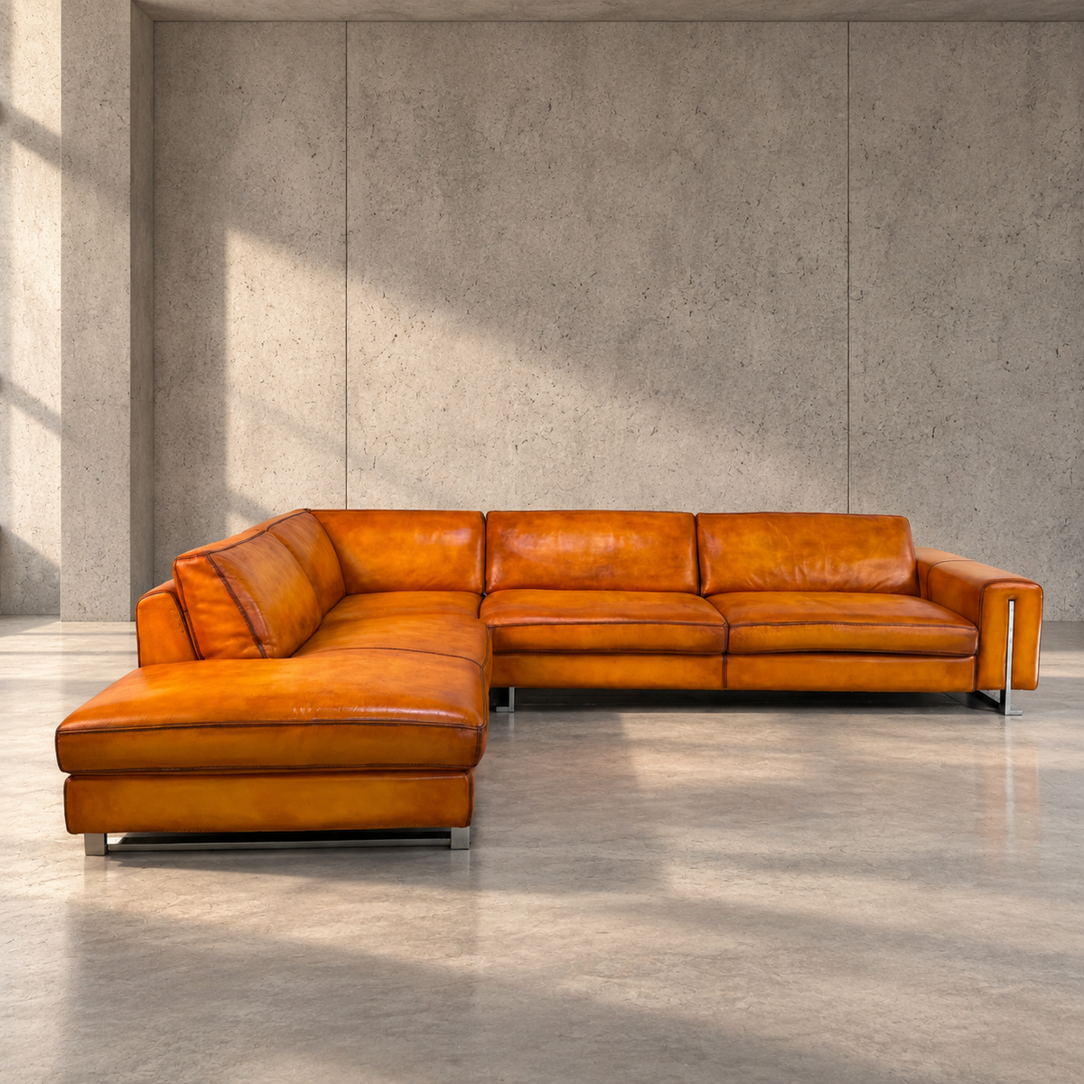 Roche Bobois Hand Dyed Cognac Leather Light Tan Corner Sofa Chaise