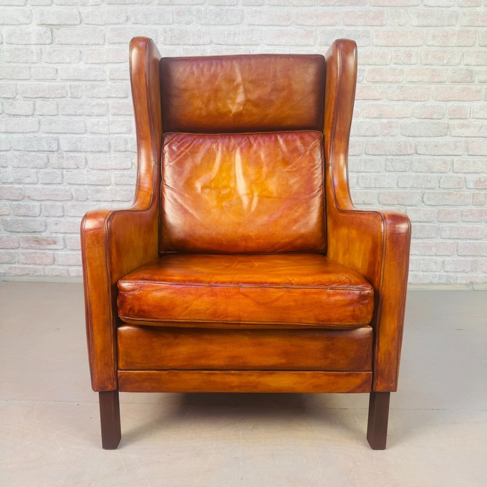 Vintage 1970s Danish High Back Tan Leather Armchair Mid Century Lounge Chair