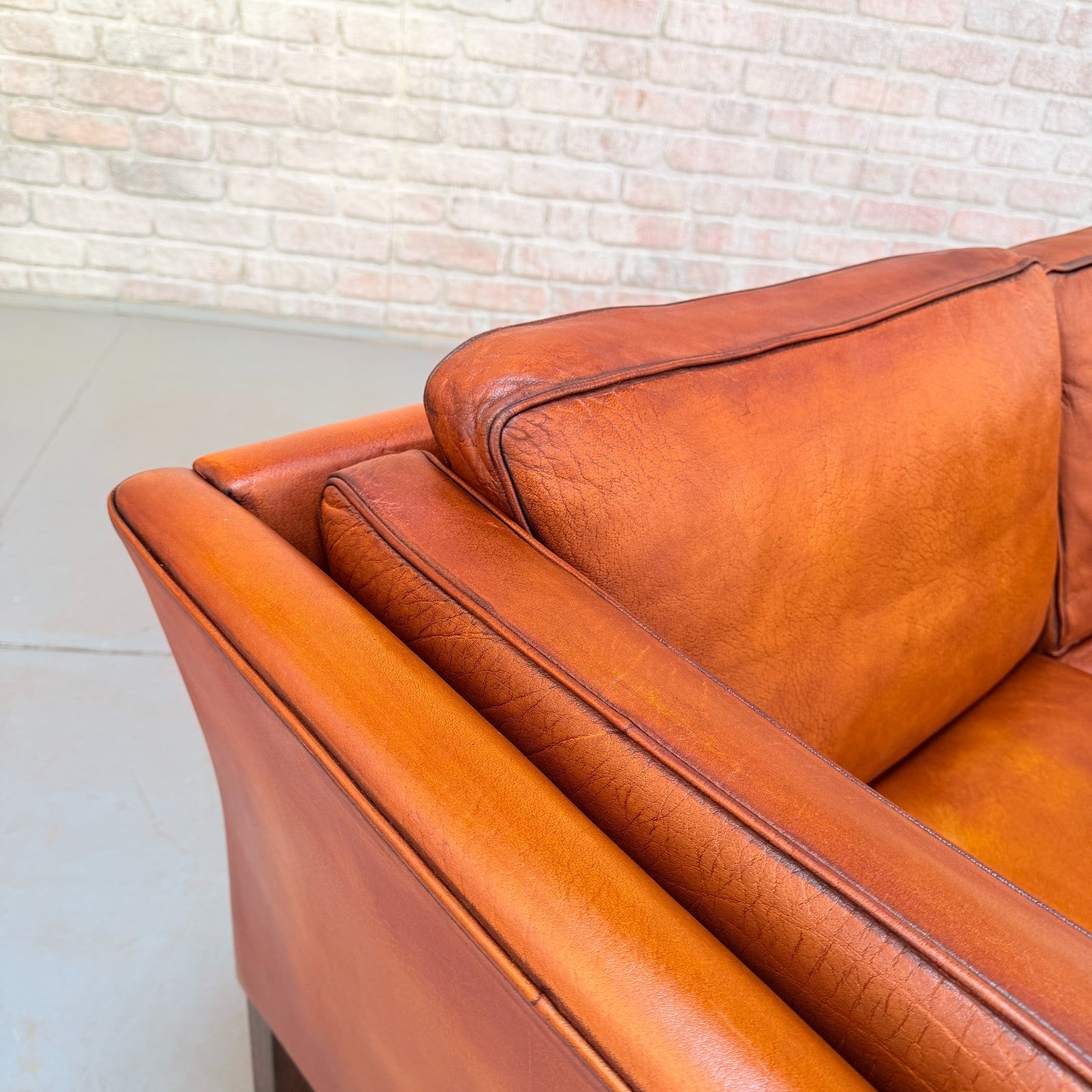 Vintage Danish Tan Leather 2 Seater Sofa Hand Dyed Buffalo Leather Patina