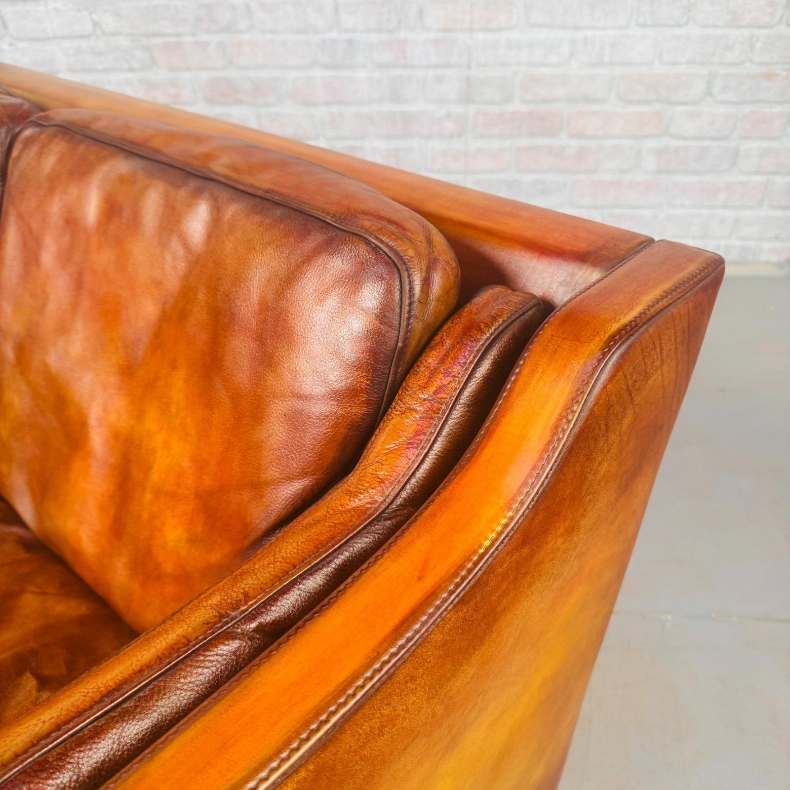 Vintage Danish Tan Leather Two-Seater Sofa 1970s Mid Century Hand Dyed