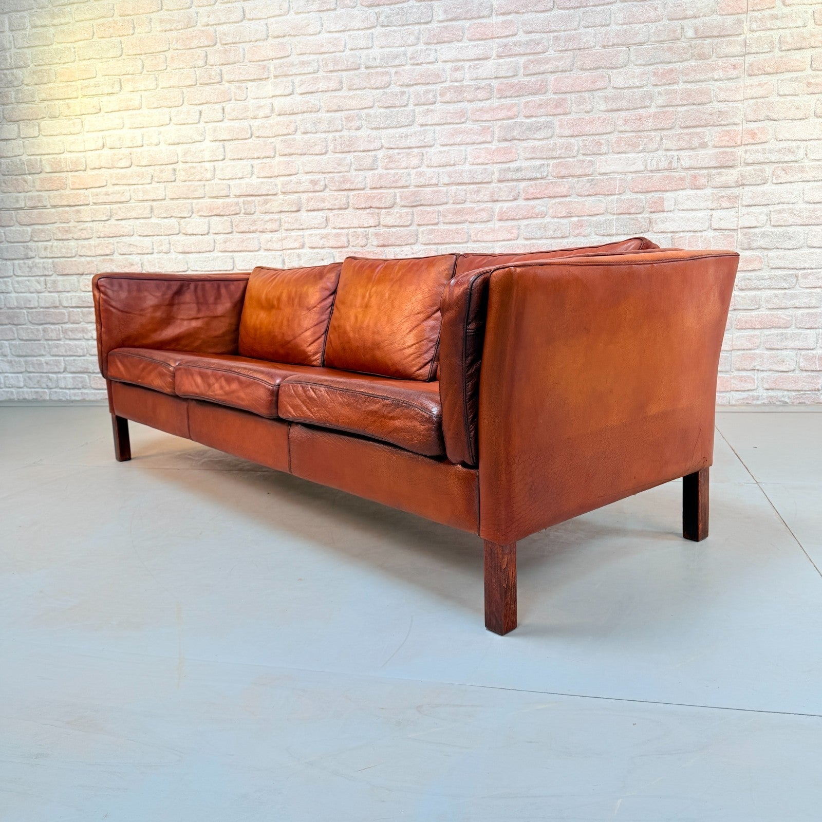 Vintage Danish Tan Hand-Dyed Leather Three Seater Sofa