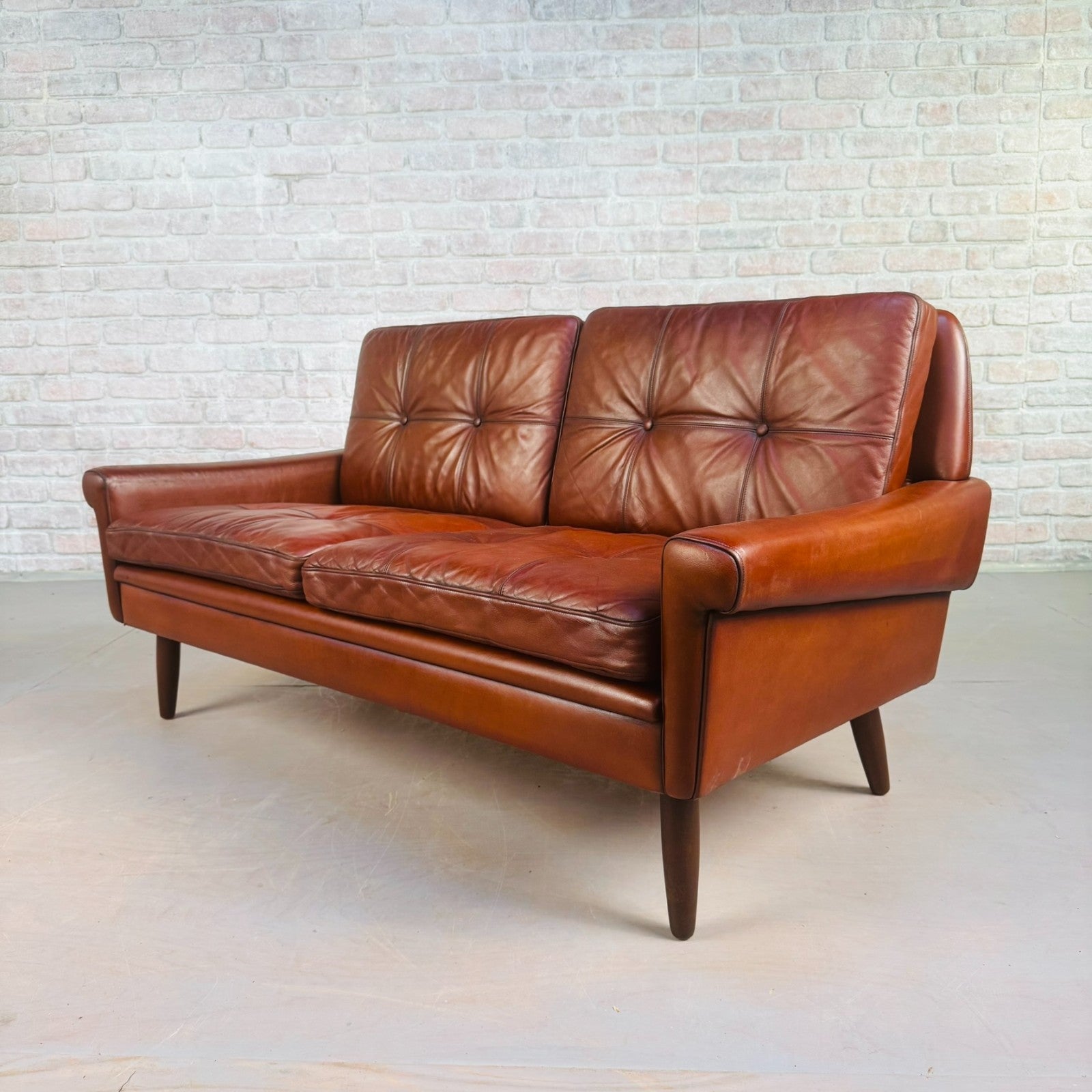 Vintage 1970s Svend Skipper Brown Leather Two-Seater Sofa