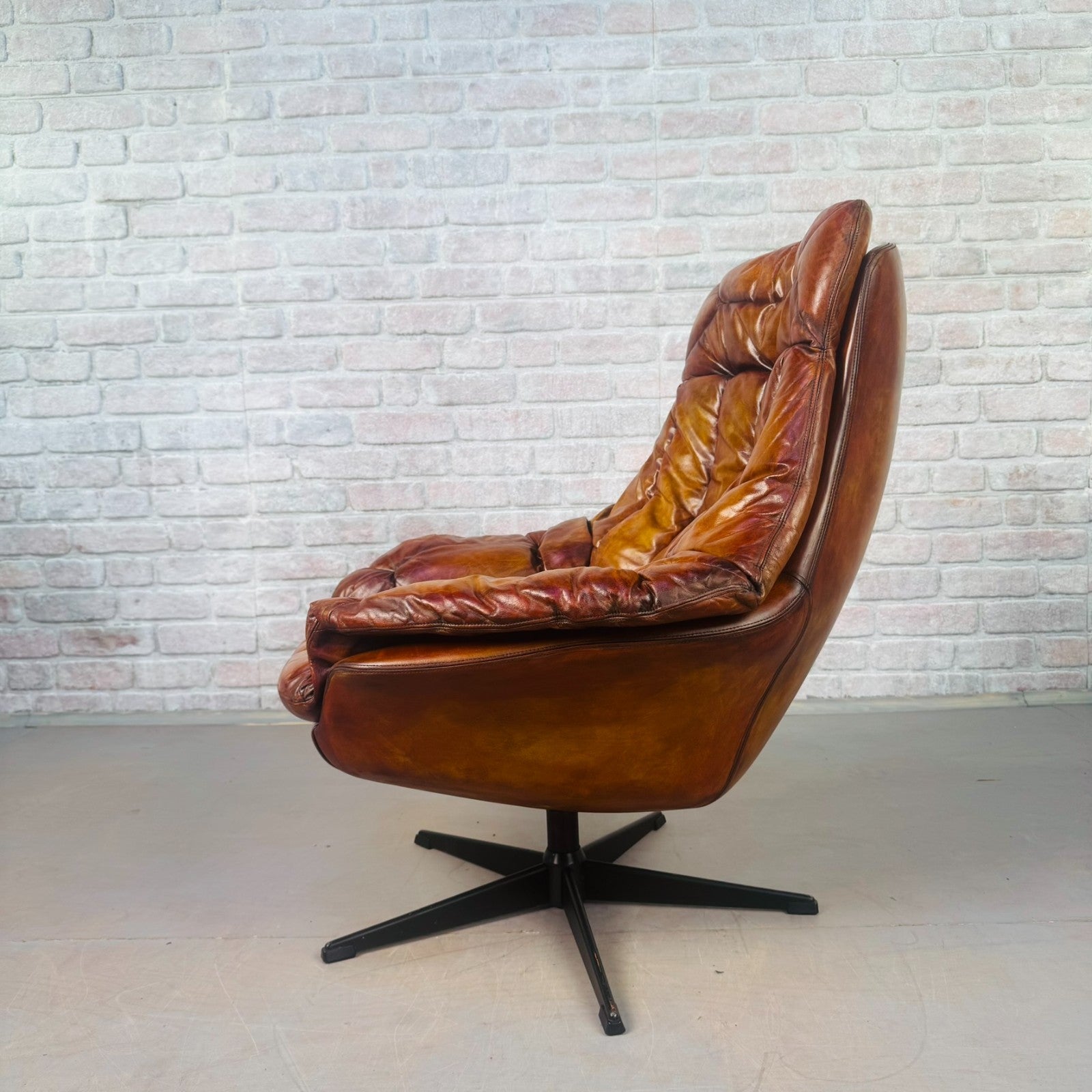 Vintage Danish H.W. Klein Egg Chair by Bramin Tan Leather Swivel Mid Century