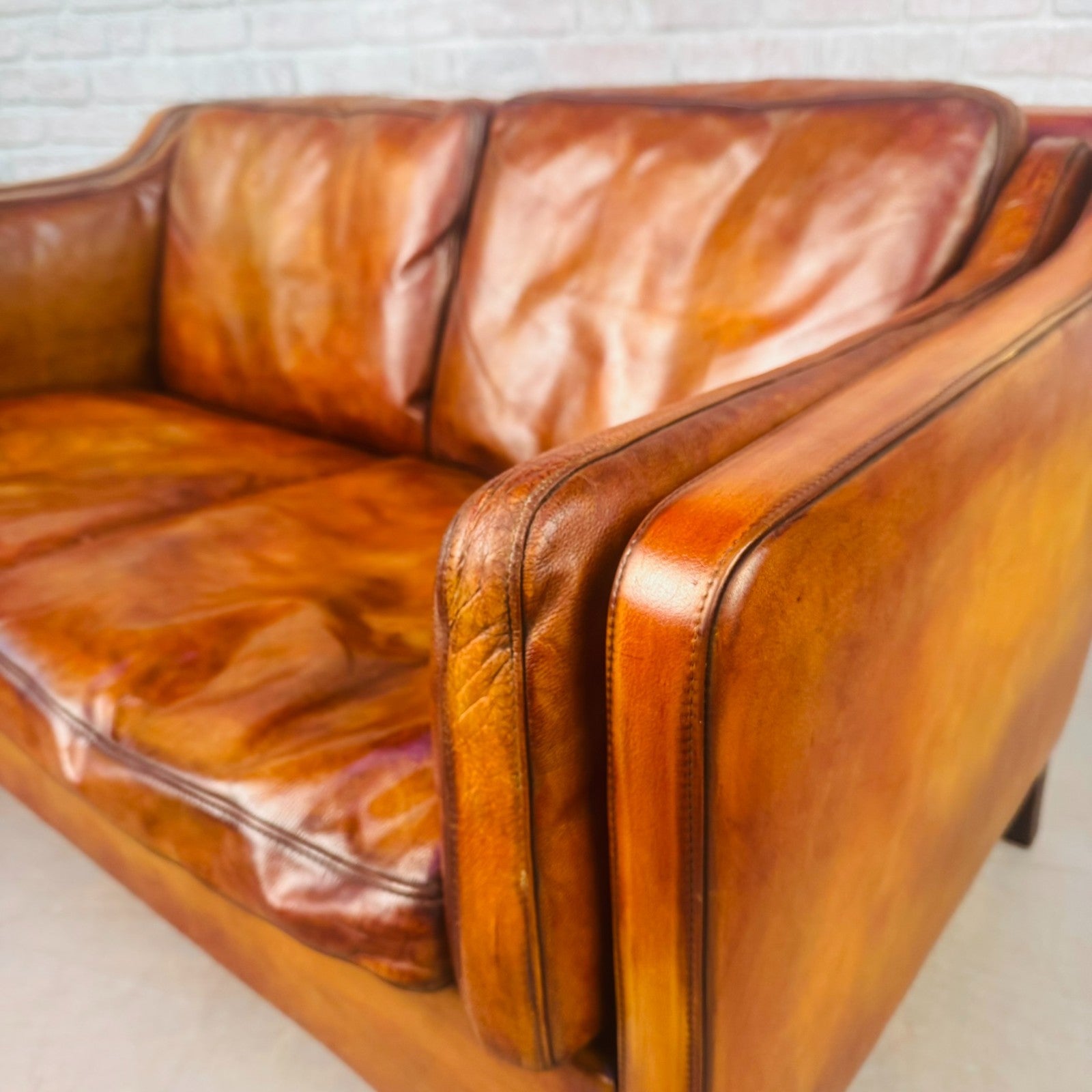 Vintage Danish Tan Leather Two-Seater Sofa 1970s Mid Century Hand Dyed