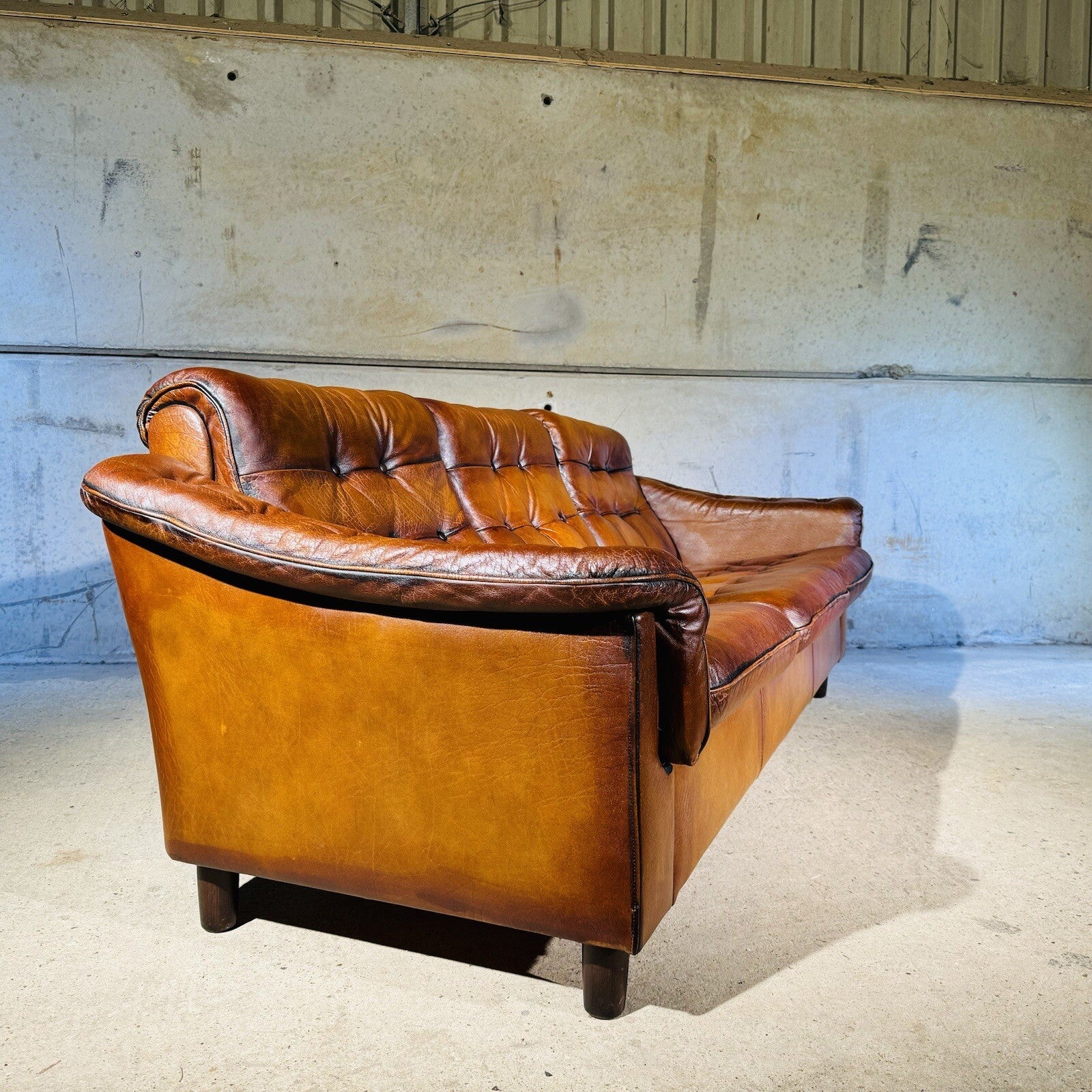 Vintage Danish Three-Seater Sofa - Bull Neck Leather, Hand-Dyed Tan Finish