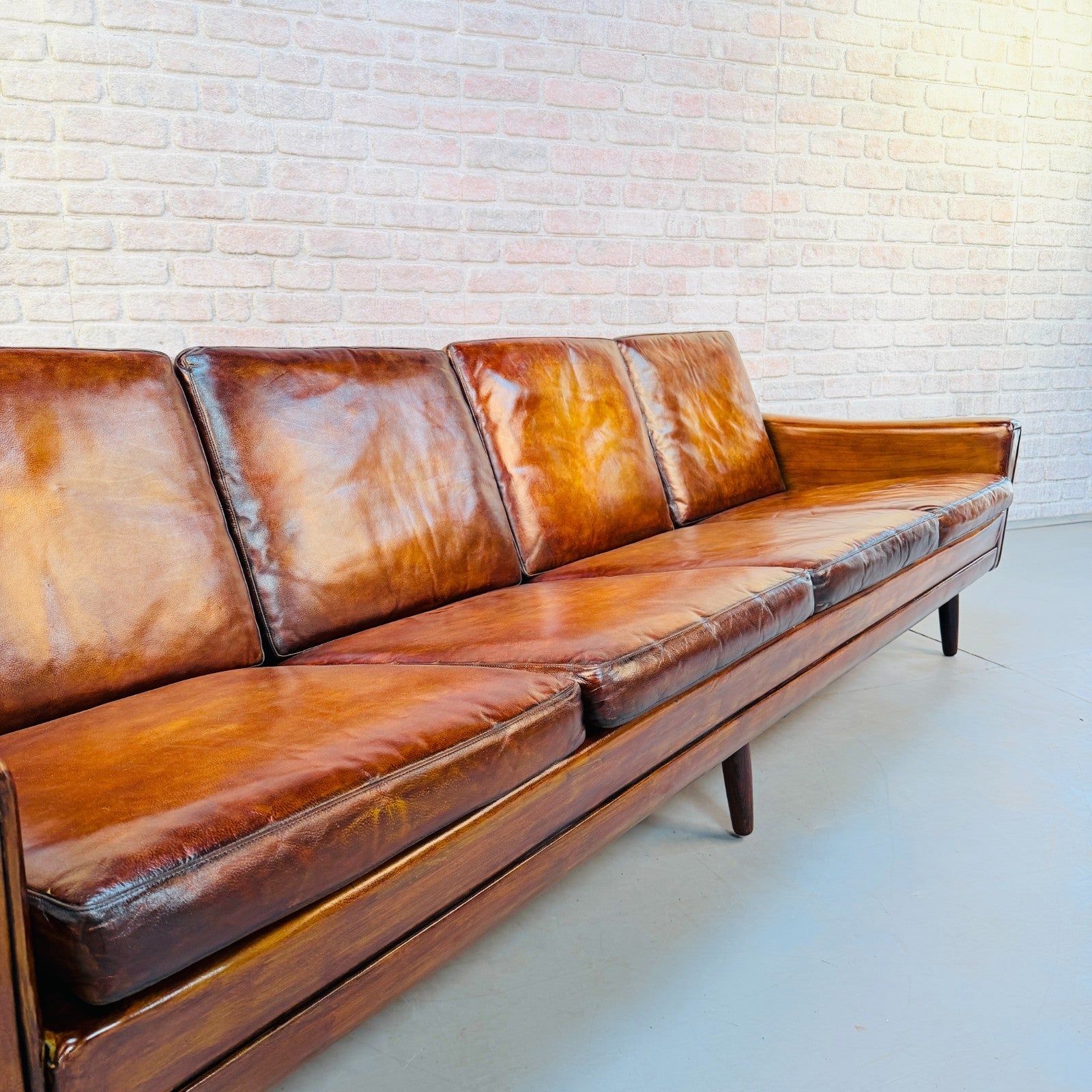 Vintage 1970s Danish George Thams Tan Hand-Dyed Leather Four Seater Sofa