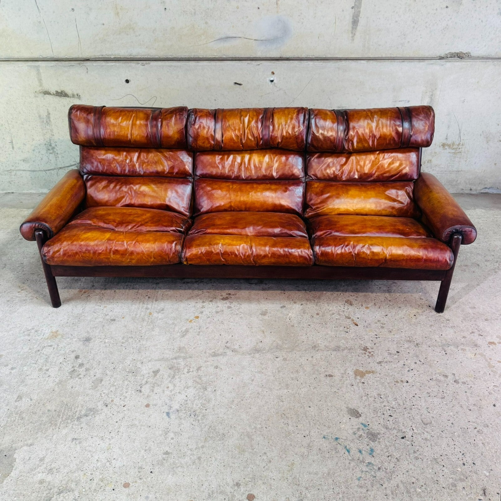 Vintage 70s Swedish Arne Norell Safari Three-Seater Tan Leather Sofa
