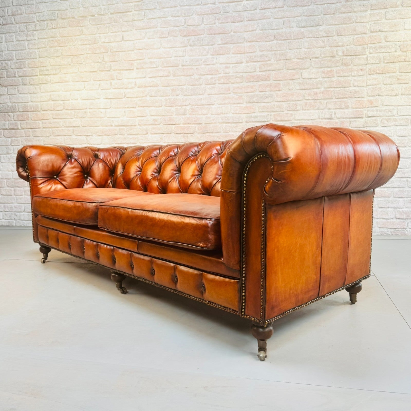Vintage English Three Seater Tan Leather Chesterfield Sofa