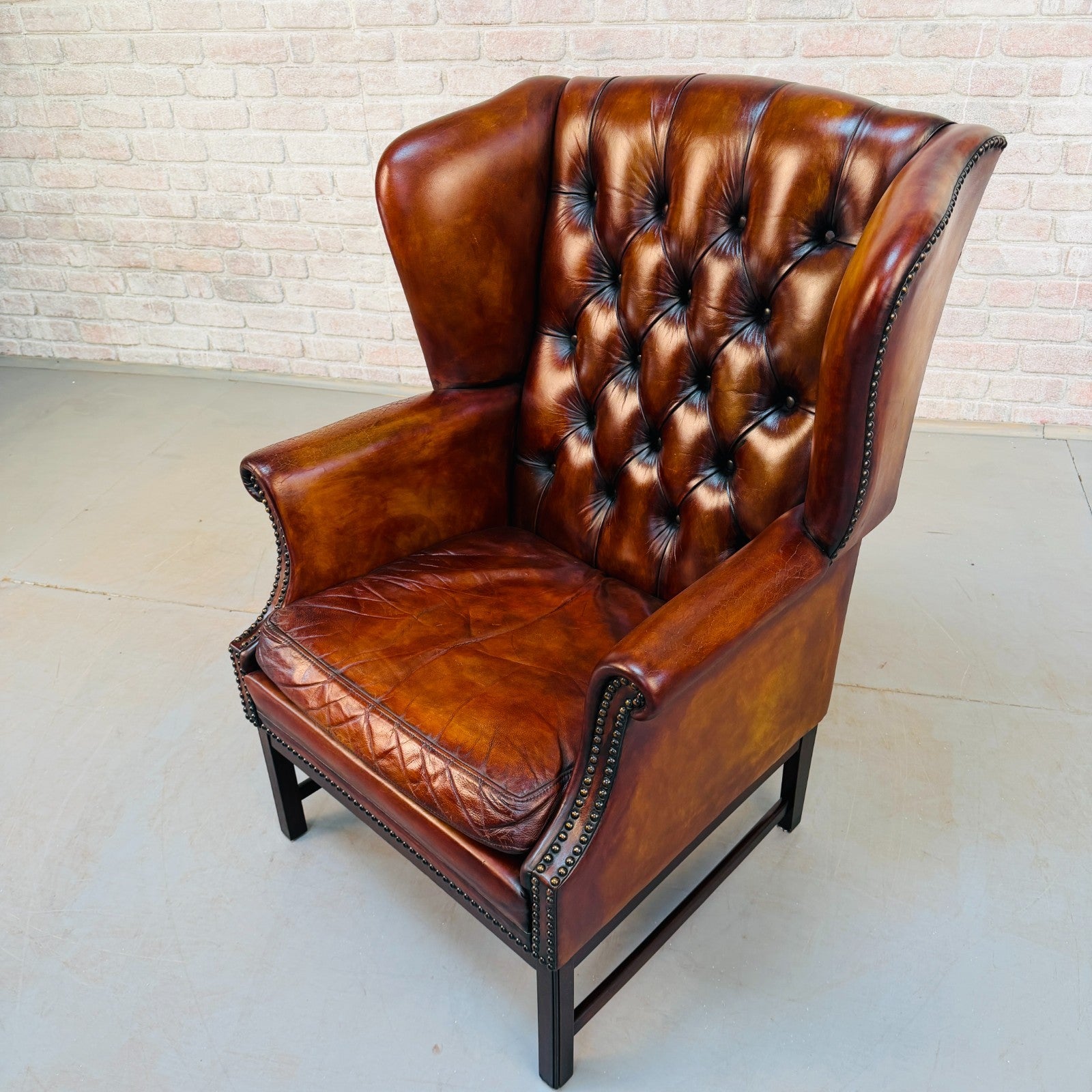 Vintage Danish Tan Hand-Dyed Leather Wingback Chair