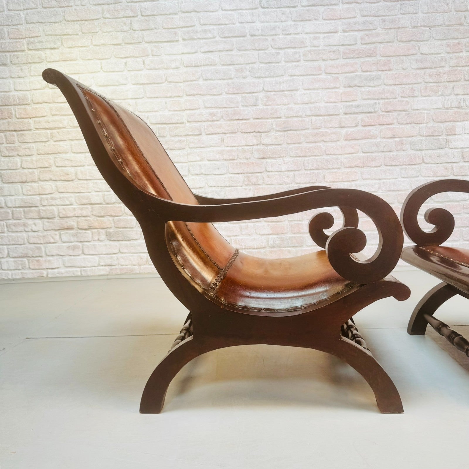 Vintage Danish Pair of Tan Leather Slipper Lounge Armchairs Mahogany Frame 1970s
