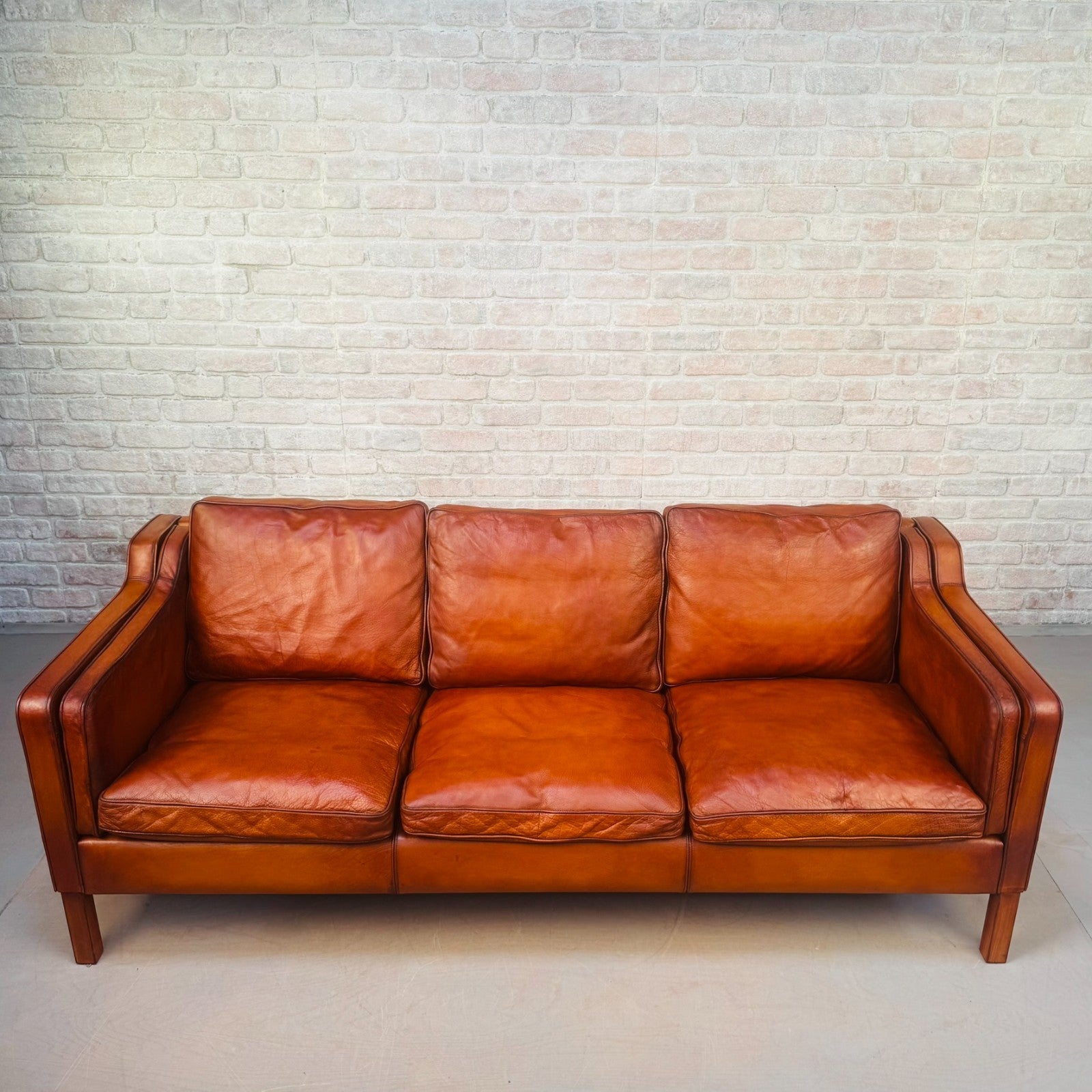 Vintage Danish Børge Mogensen Style Cognac Leather Three Seater Sofa