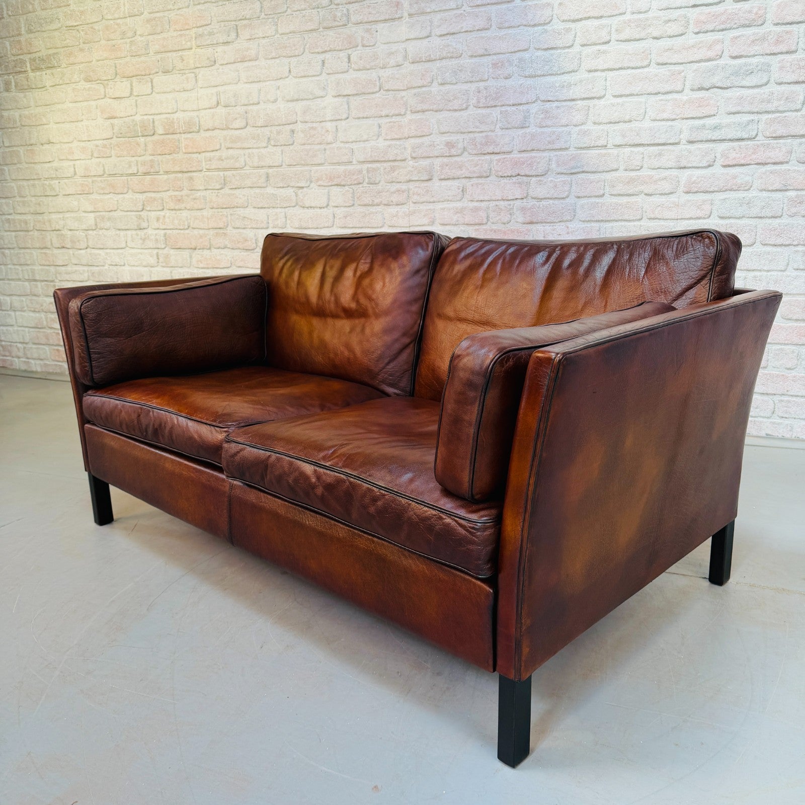 Vintage 1970s Danish Dark Tan Hand-Dyed Leather Two Seater Sofa