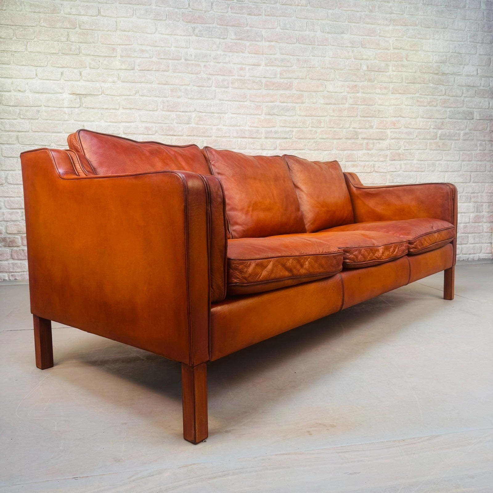 Vintage Danish Børge Mogensen Style Cognac Leather Three Seater Sofa