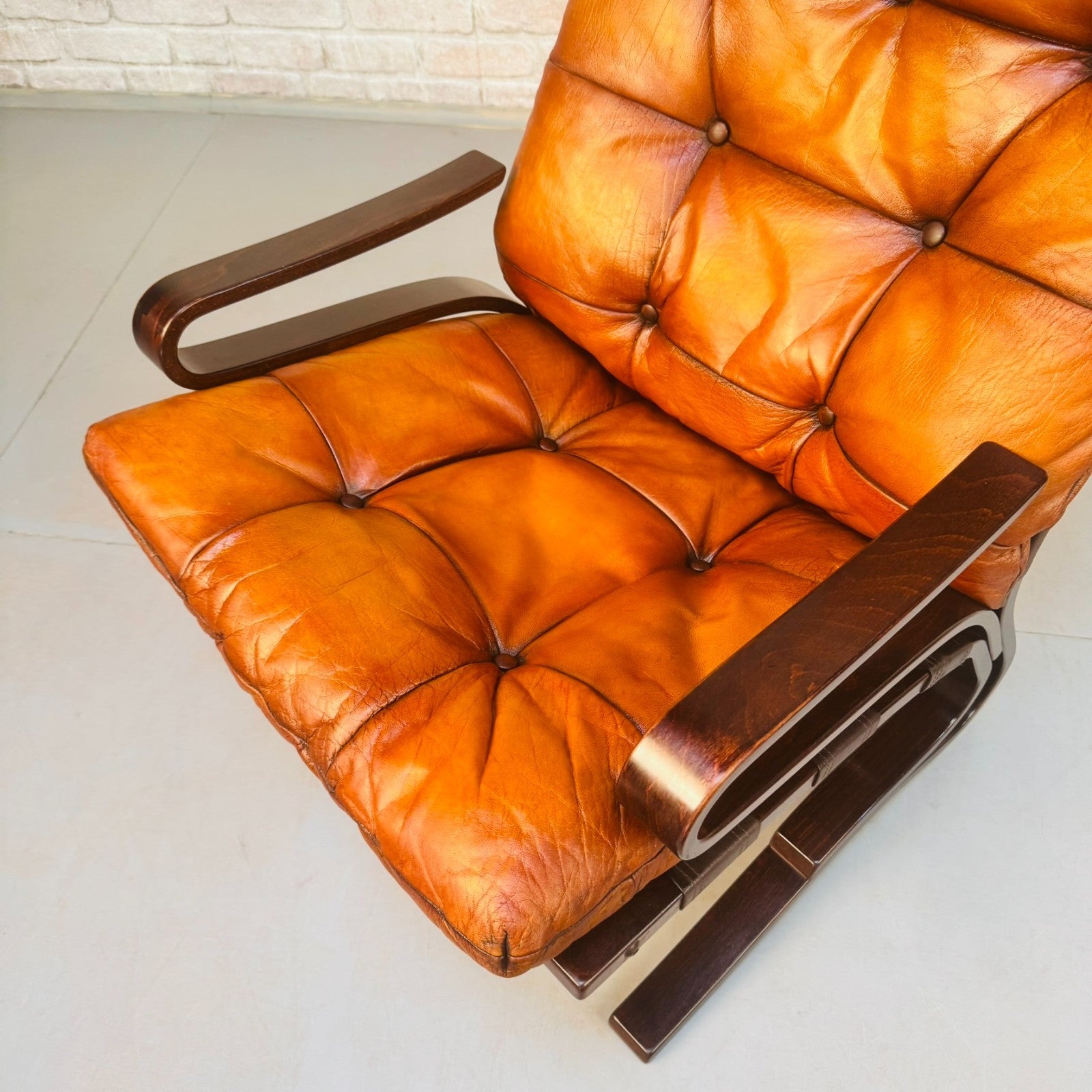 Vintage Danish Einar Hove Skyline Bentwood  Tan Buffalo Leather Armchair