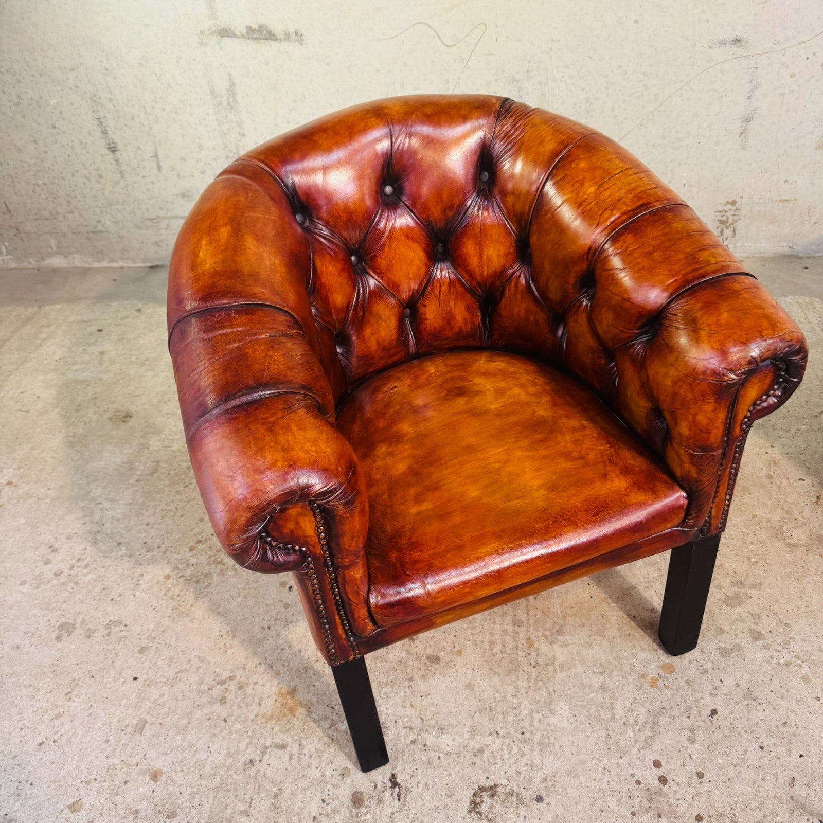 Pair of Elegant English Made Vintage Chesterfield Tan Leather Tub Chairs