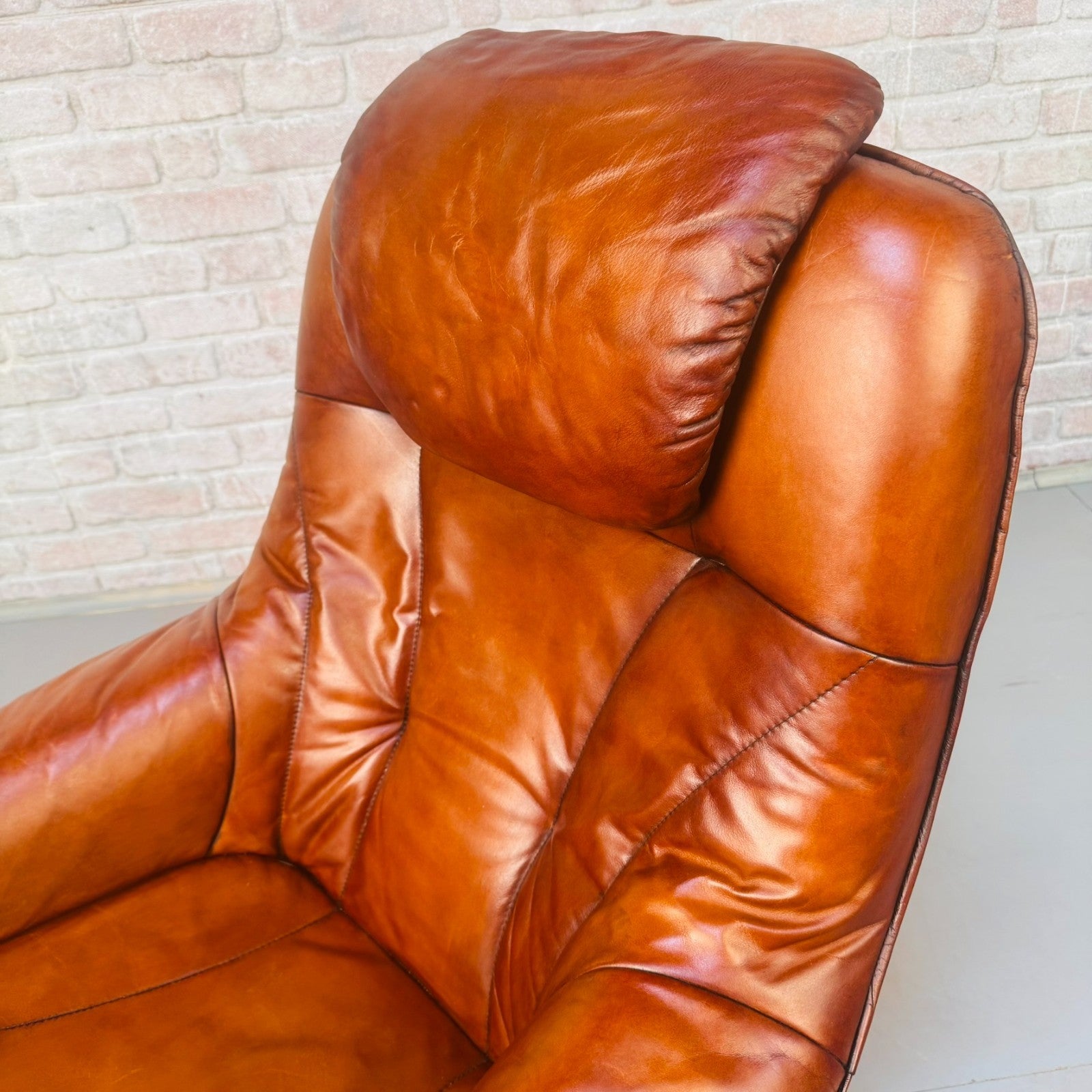 Vintage Danish Tan Leather Reclining Chair & Matching Footstool