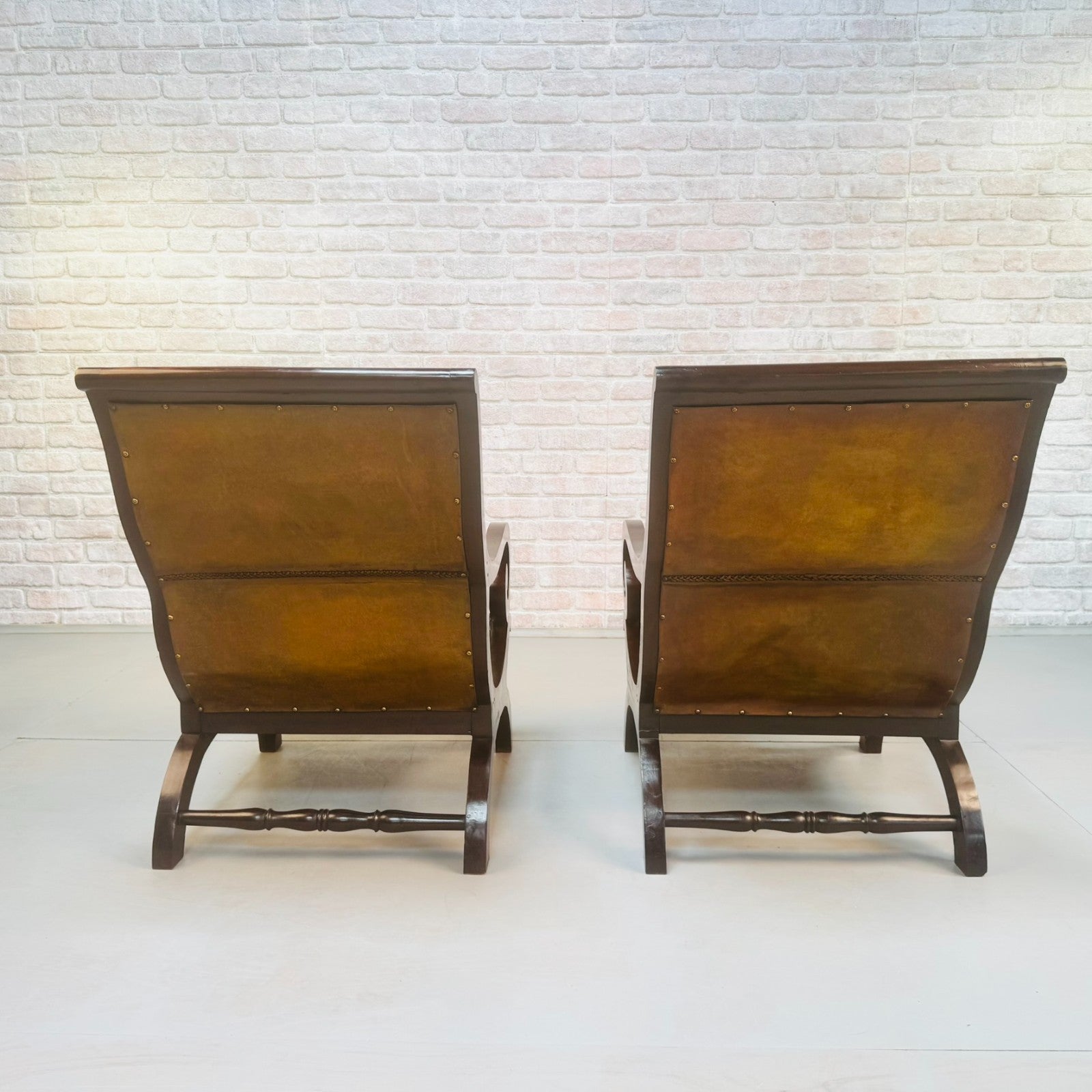 Vintage Danish Pair of Tan Leather Slipper Lounge Armchairs Mahogany Frame 1970s