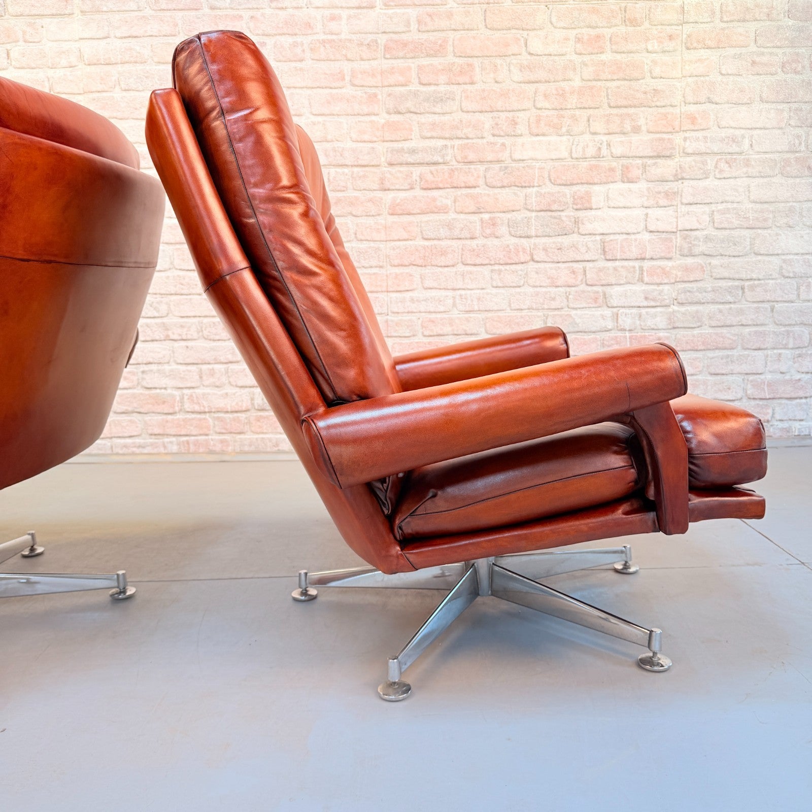 Pair 1970s Howard Keith His & Hers Cognac Leather Swivel Armchairs Vintage