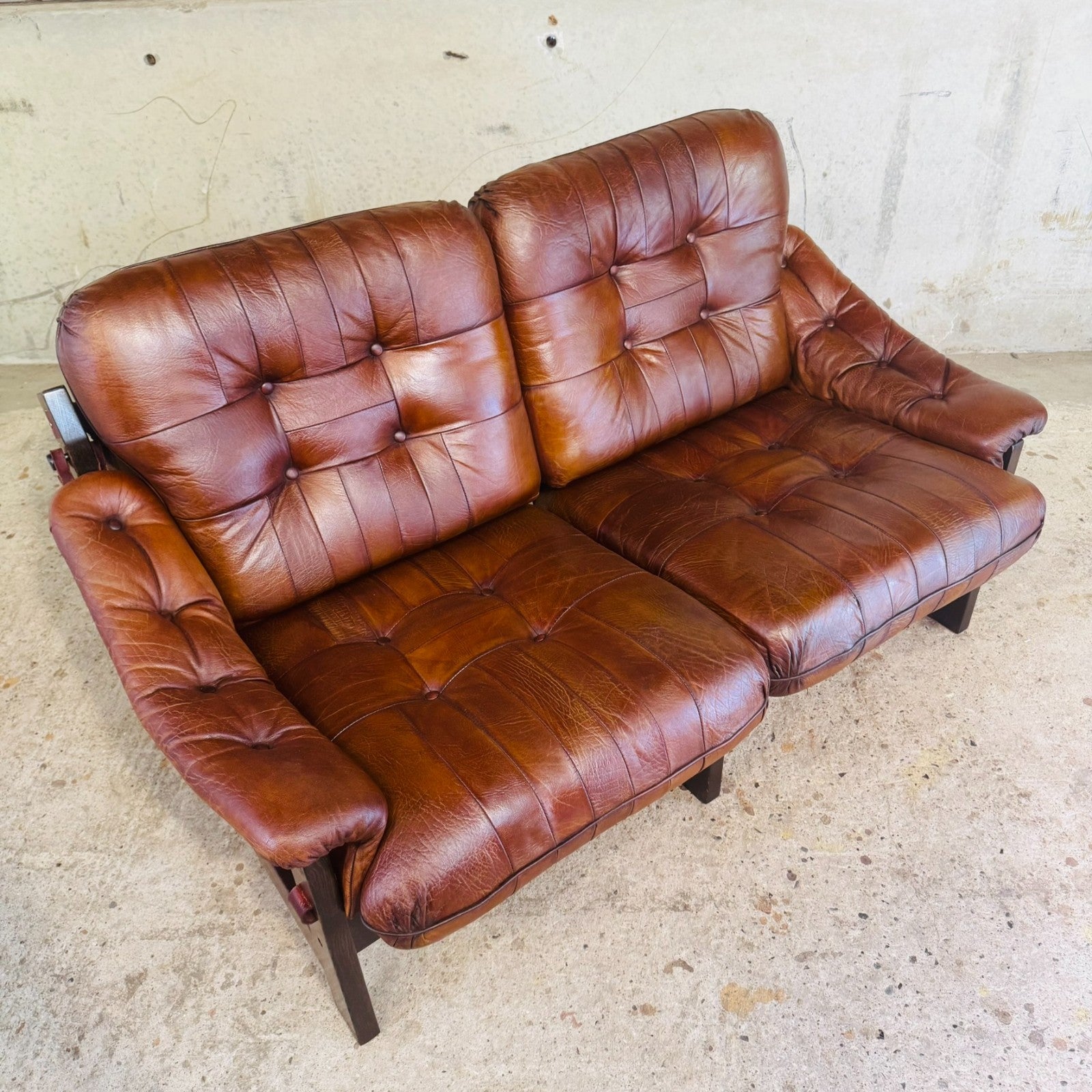 1970s Jean Gillon Brazilian Oak & Tan Leather Two-Seater Sofa — Rustic