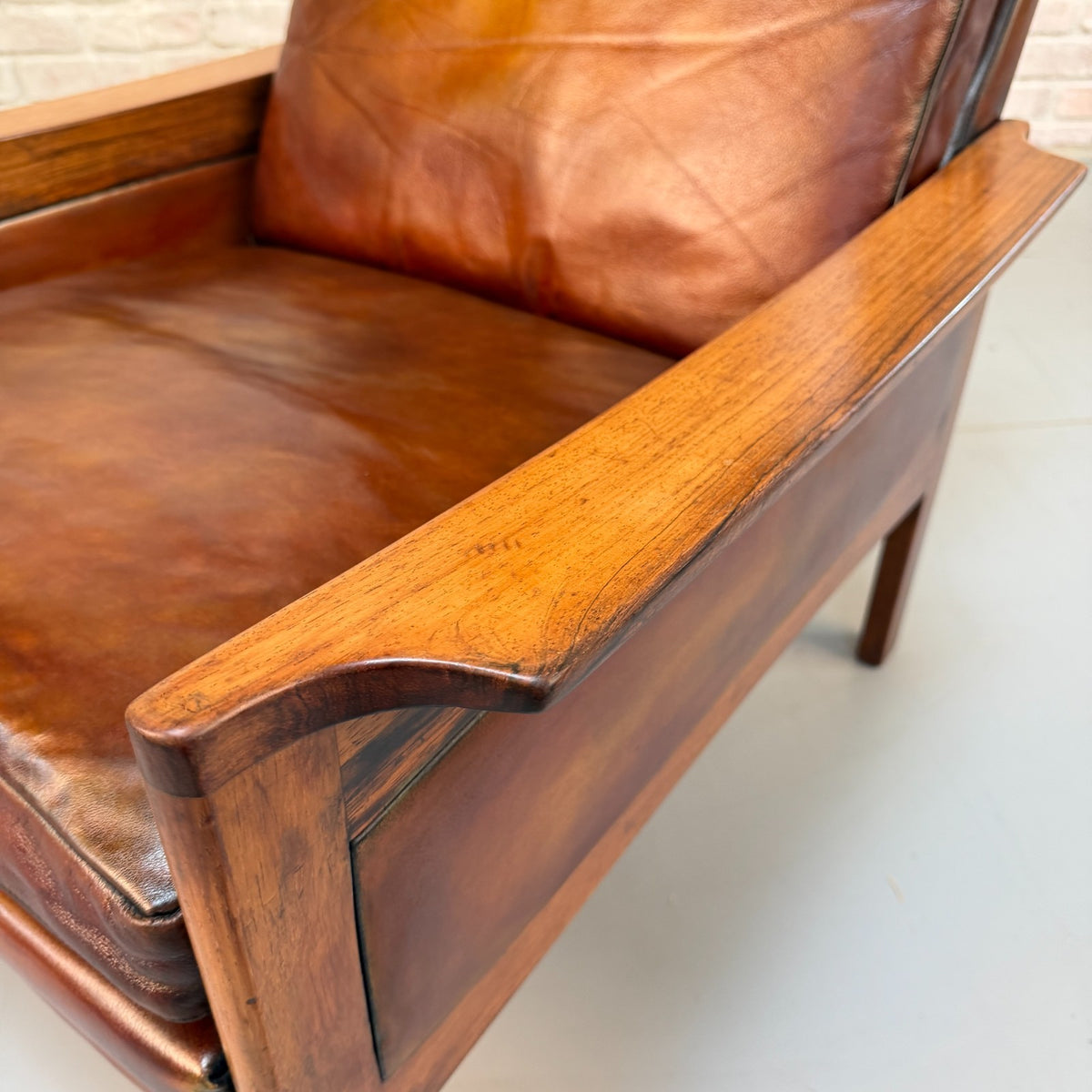 Vintage 1970s Danish Tan Leather High Back Armchair – RoseWood Frame