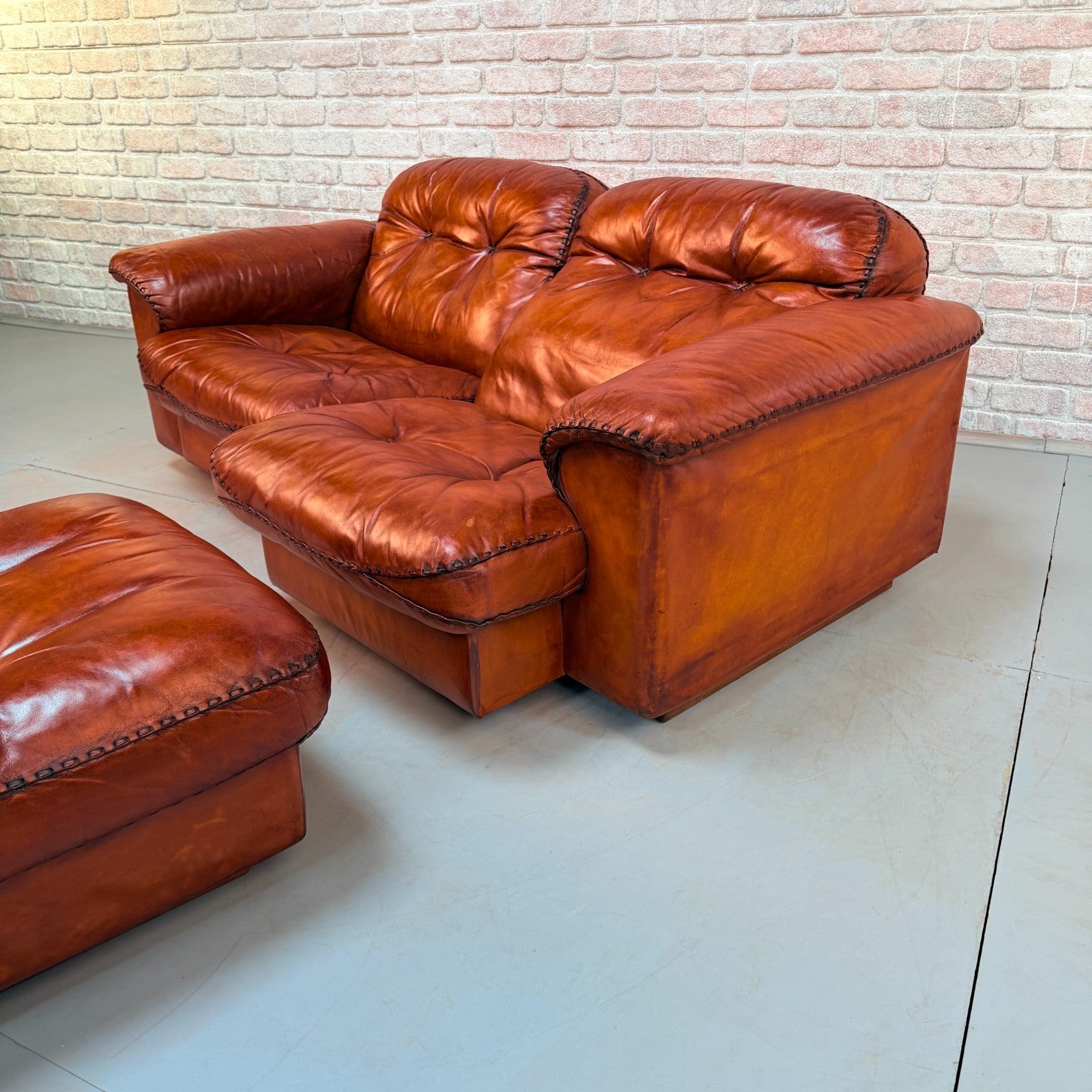 Vintage 70s De Sede DS-101 Two Seater Sofa & Footstool Cognac Leather Switzerlan