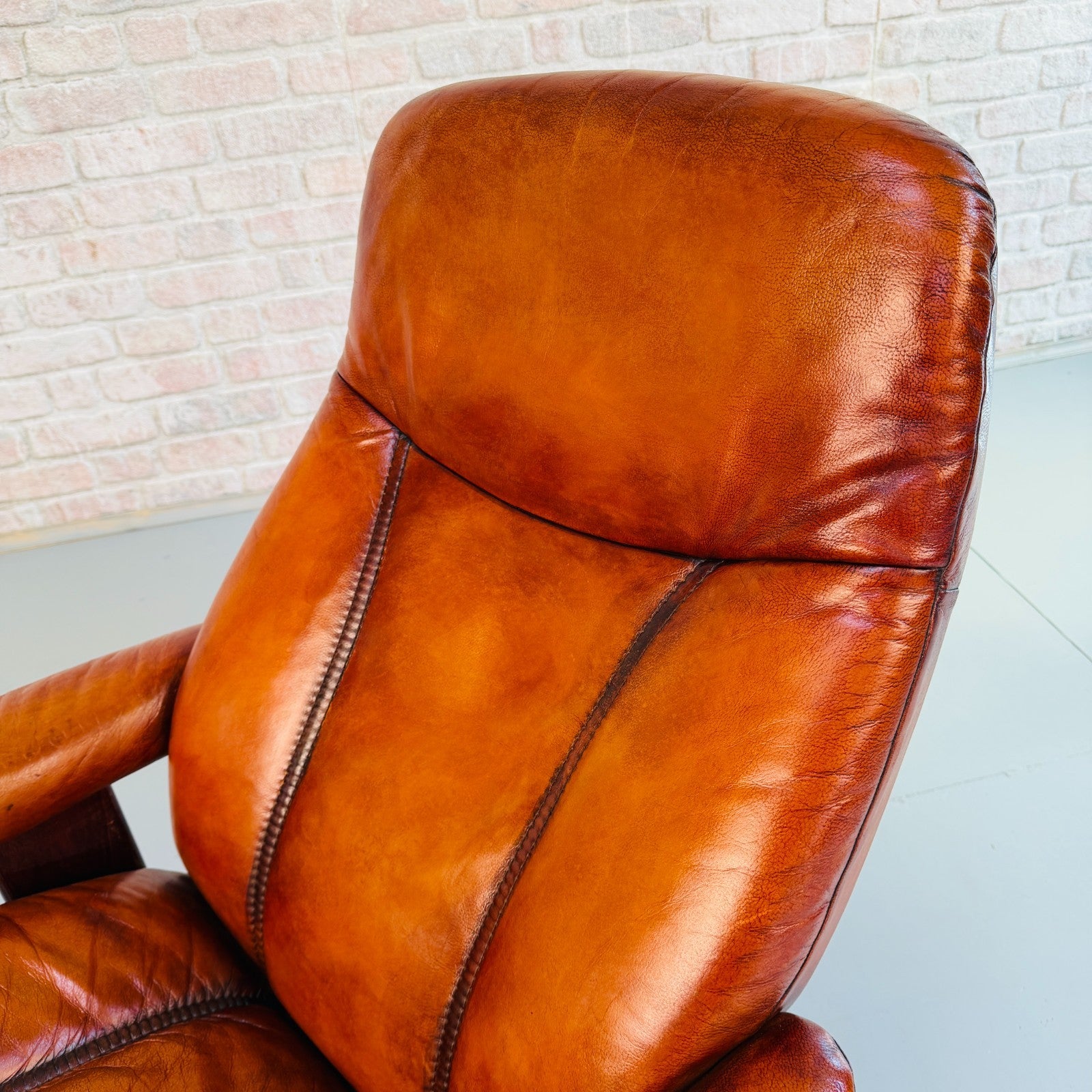 Vintage Danish Ekornes Reclining Swivel Armchair Tan Leather with Footstool