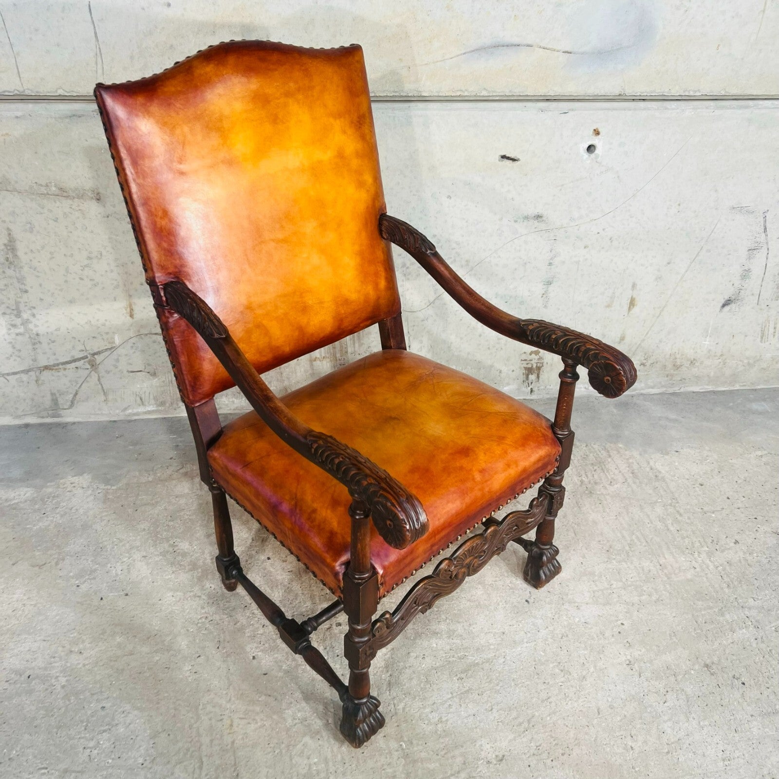 Cromwellian Revival Carved Oak and Leather Armchair Carver Chair