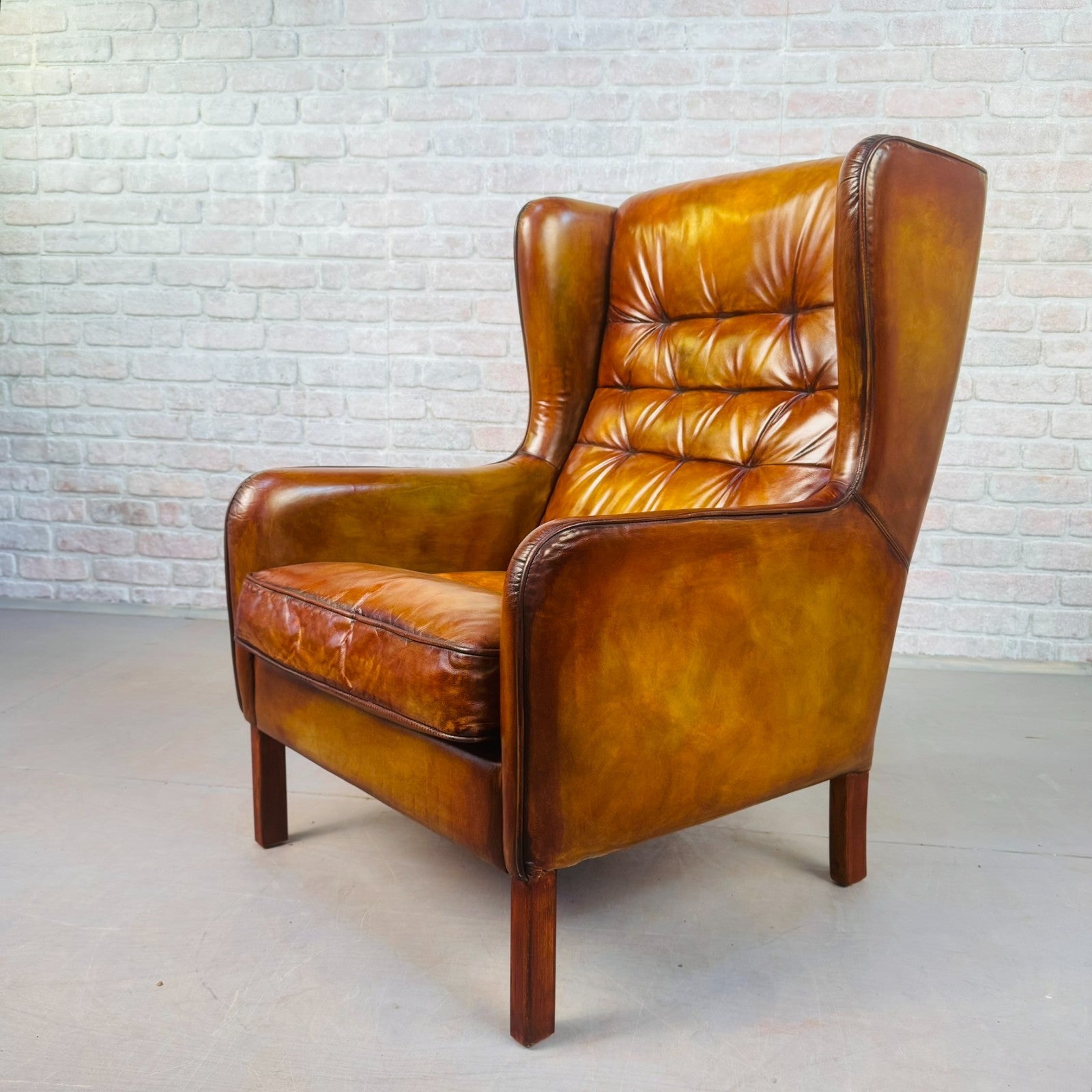 Vintage Danish High Back Light Tan Leather Armchair Mid Century Lounge Chair