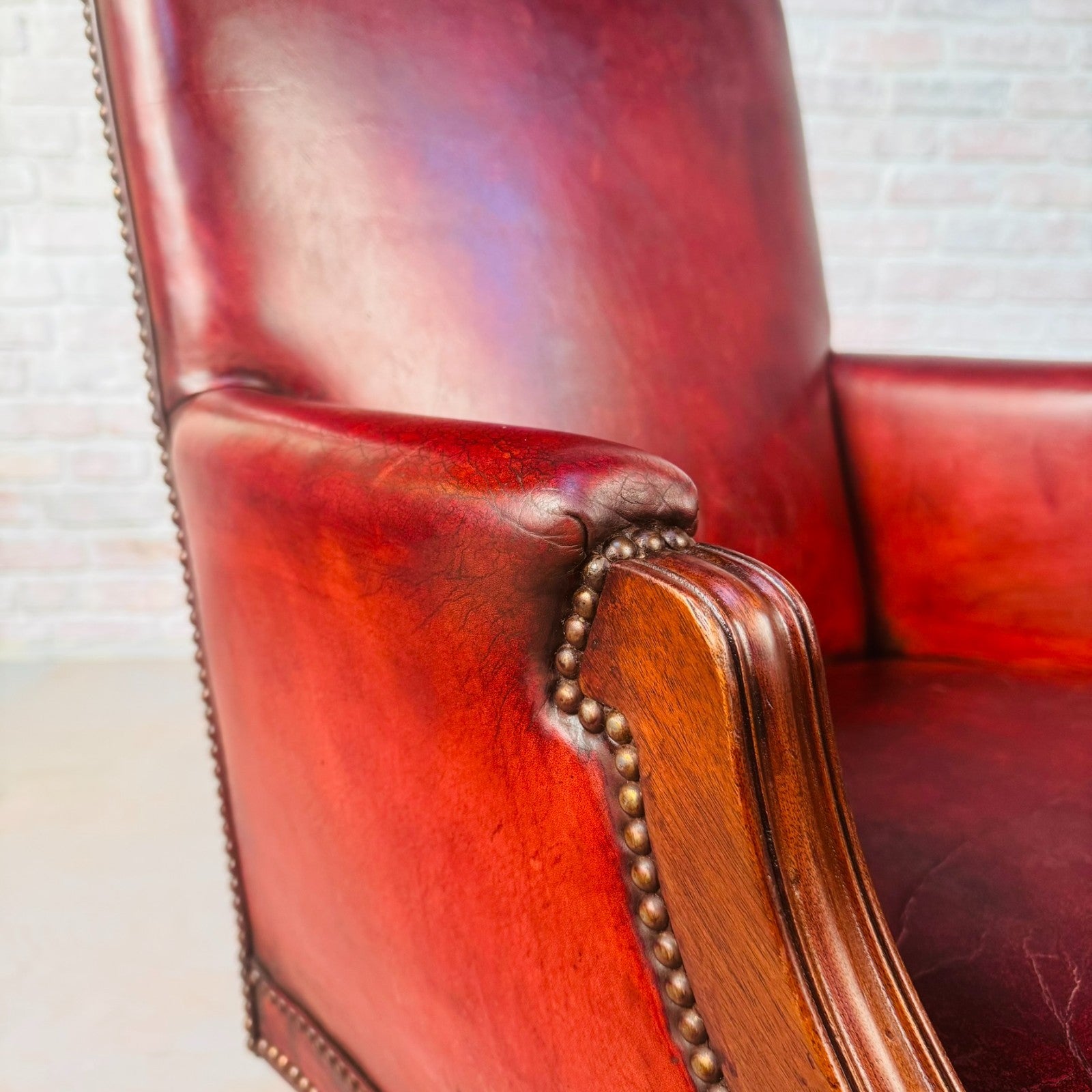 English Vintage Deep Red Leather Swivel Office Desk Chair