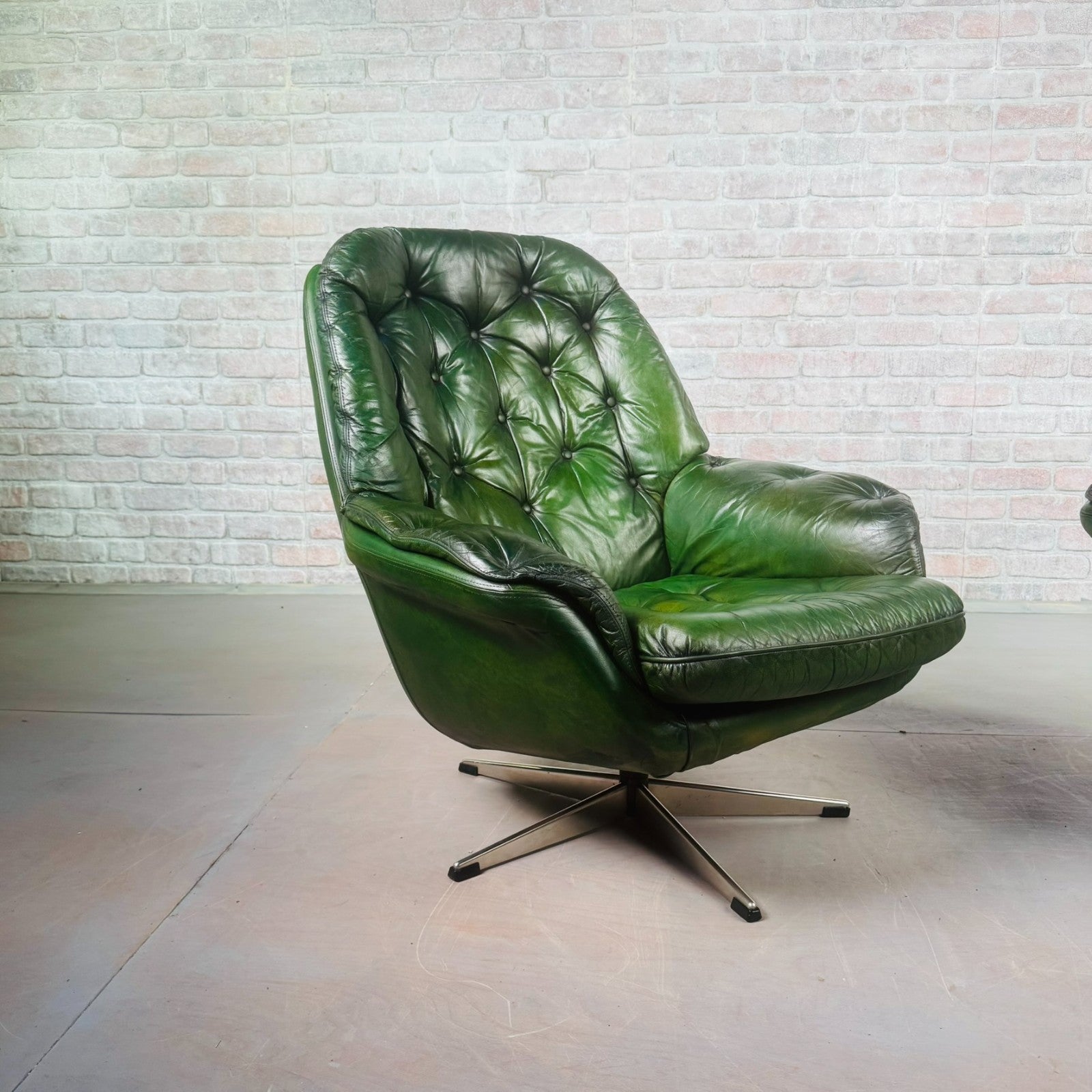 Pair of Vintage Danish Green Leather Swivel Chairs