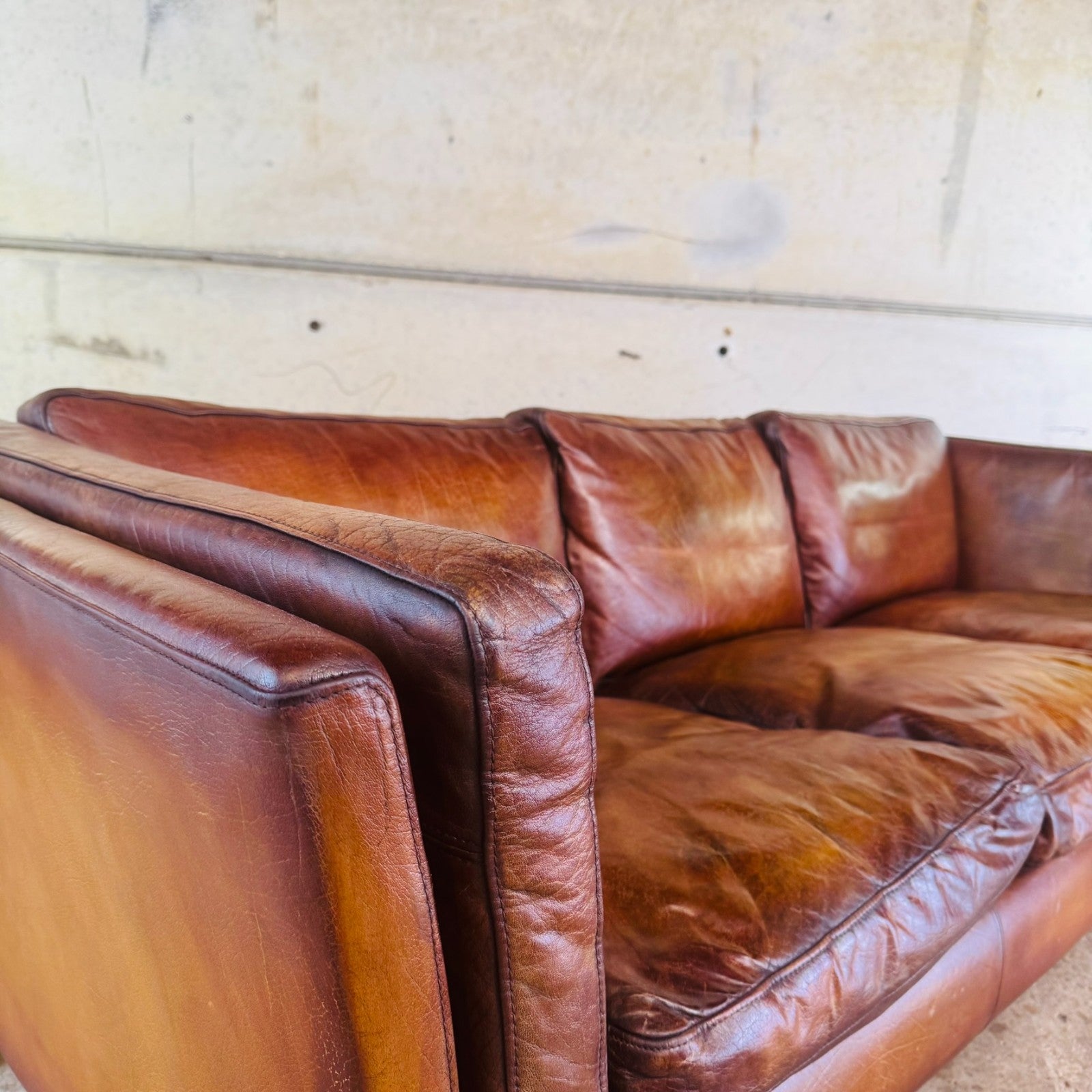 Danish Vintage Tan Leather Three-Seater Sofa — Sleek & Elegant